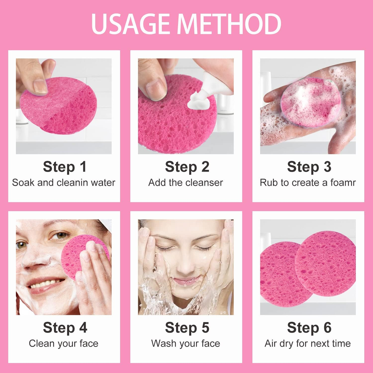 Spunspon 50-Count Facial Sponges, Compressed Natural Cellulose, Pink, round Shape, Face Cleansing, Exfoliating, Makeup Removal - 100- Pack Black image number 6
