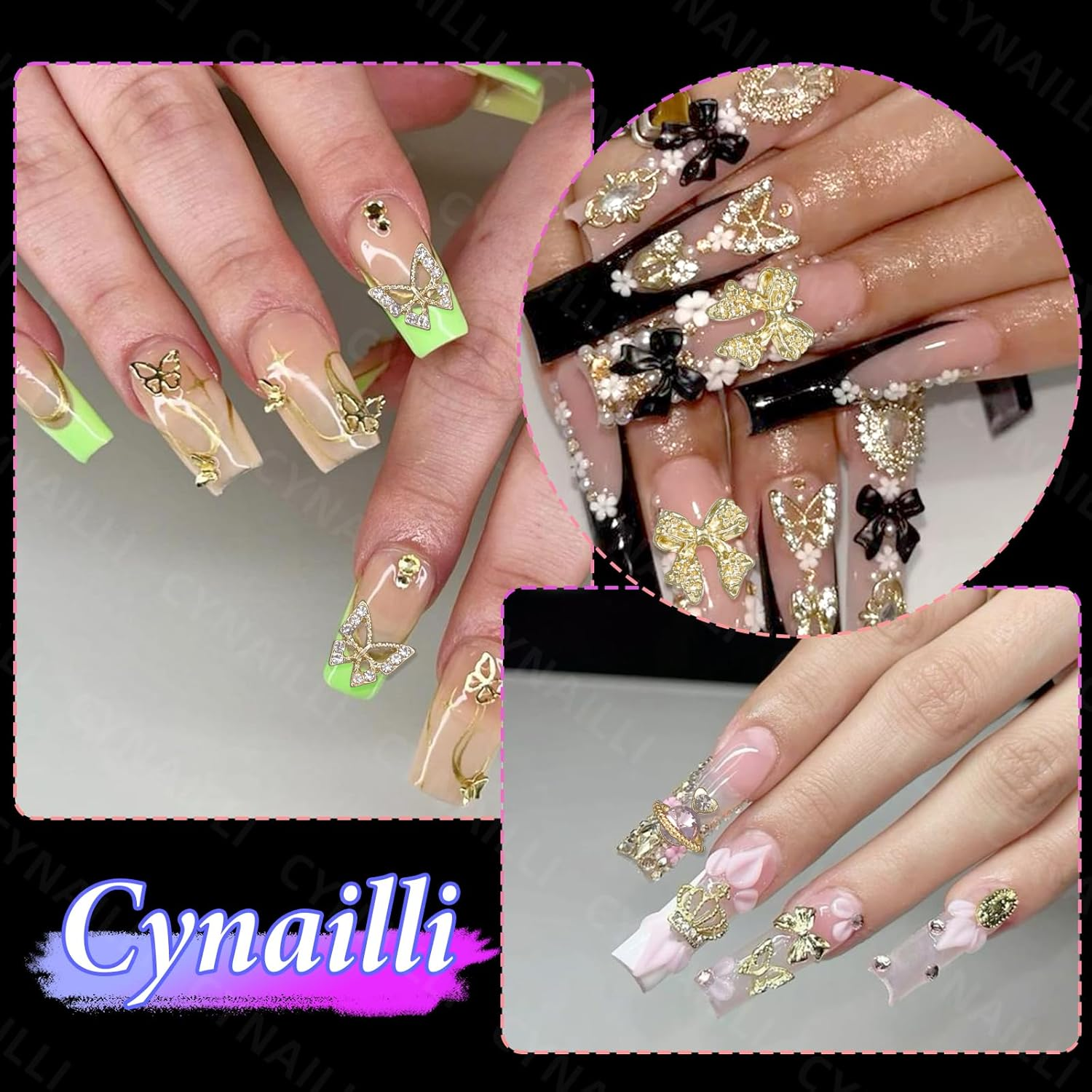 110 Pcs Gold Nail Charms and Gems Y2K, 3D Butterfly Heart Nail Gems, Planet Crown Nail Art Jewels, Cross Bows Charms for Alloy Nails Art Design DIY Accessories