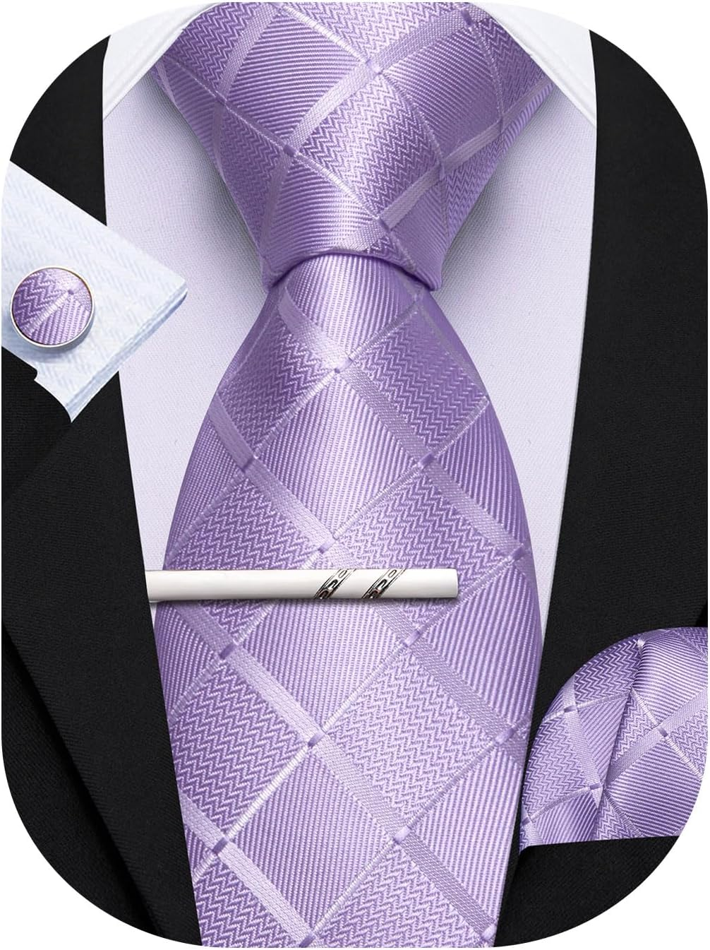 Barry.Wang Striped/Plaid Tie with Tie Clip for Men Silk Necktie Pocket Square Cufflinks Set Formal Business Wedding Party