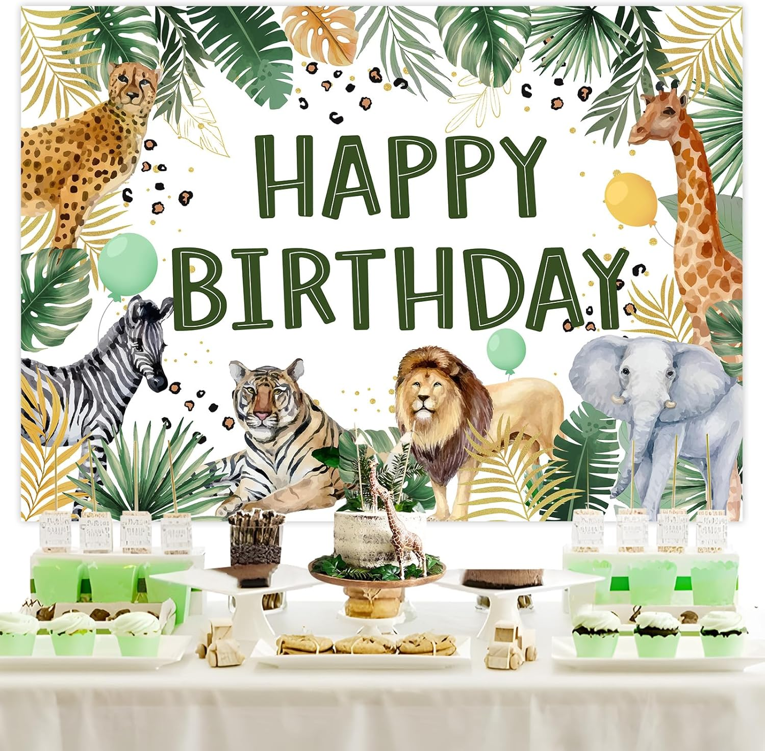 Wonmelody 7 * 5Ft Jungle Happy Birthday Backdrop Decor Safari Animal Zoo Theme Birthday Backdrop Banner Tropical Forest Backdrop with Lion Leopard Zebra Elephant for Boy 1St 3Rd 5Th Safari Birthday image number 3