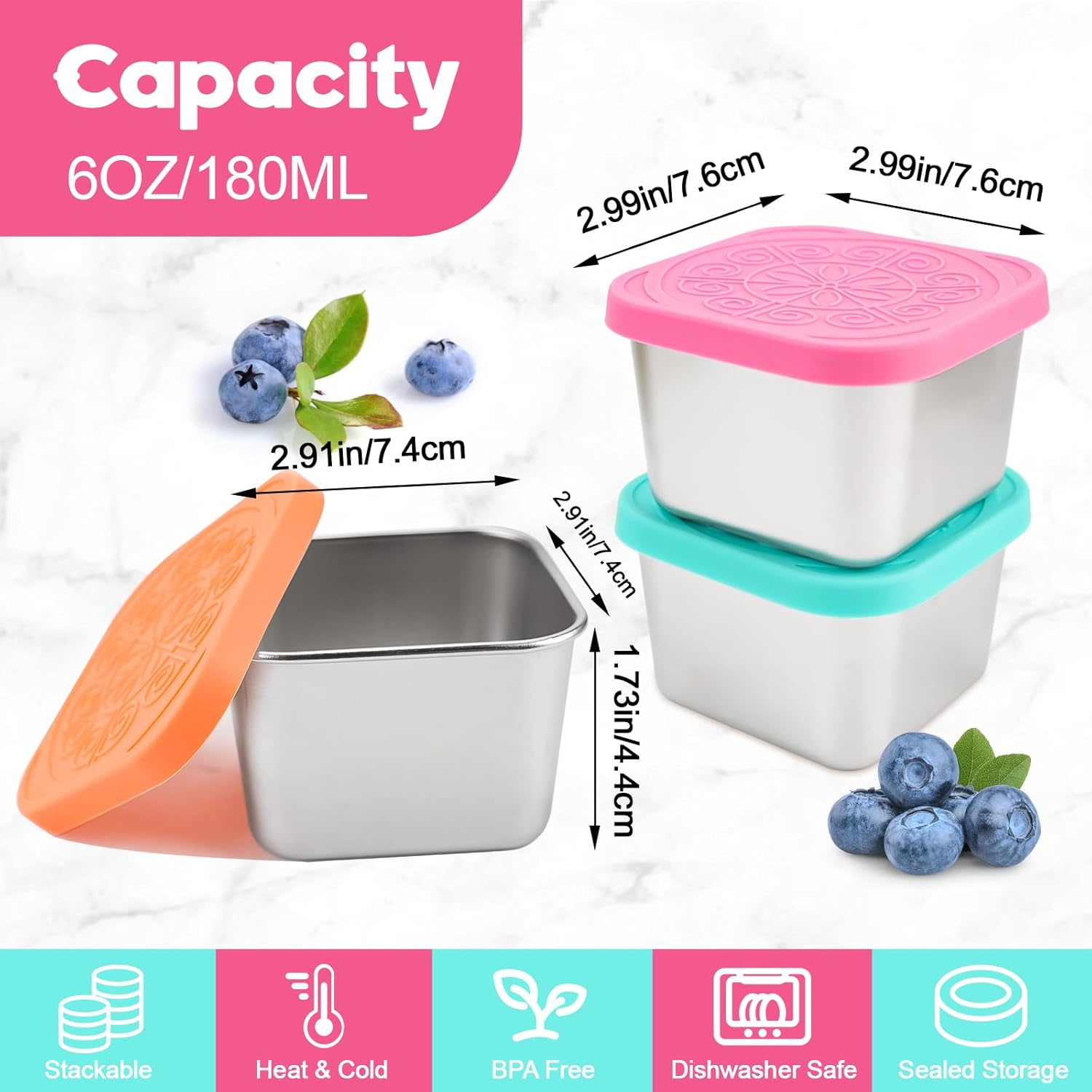 Pack of 6 Stainless Steel Small Food Containers, 180 Ml Stackable Snack Pots with Leak-Proof Silicone Lid, Reusable Food Storage Containers, Snack Boxes for Snack, Salad, Dressing image number 5