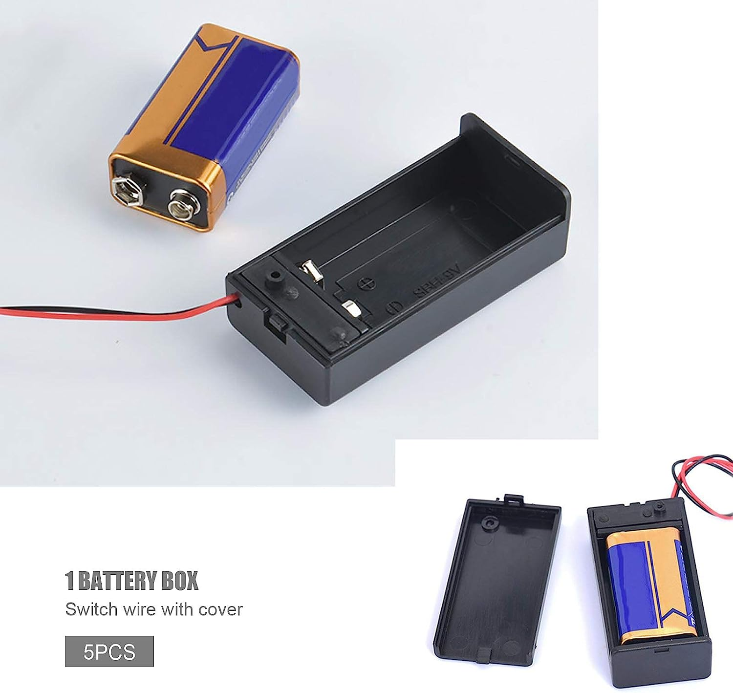 Emsea 9V PP3 Battery Storage Holder Case with On/Off Switch Cover Black Plastic & 1007# 26AWG Wire for 6F22 Battery 5 Pcs image number 1