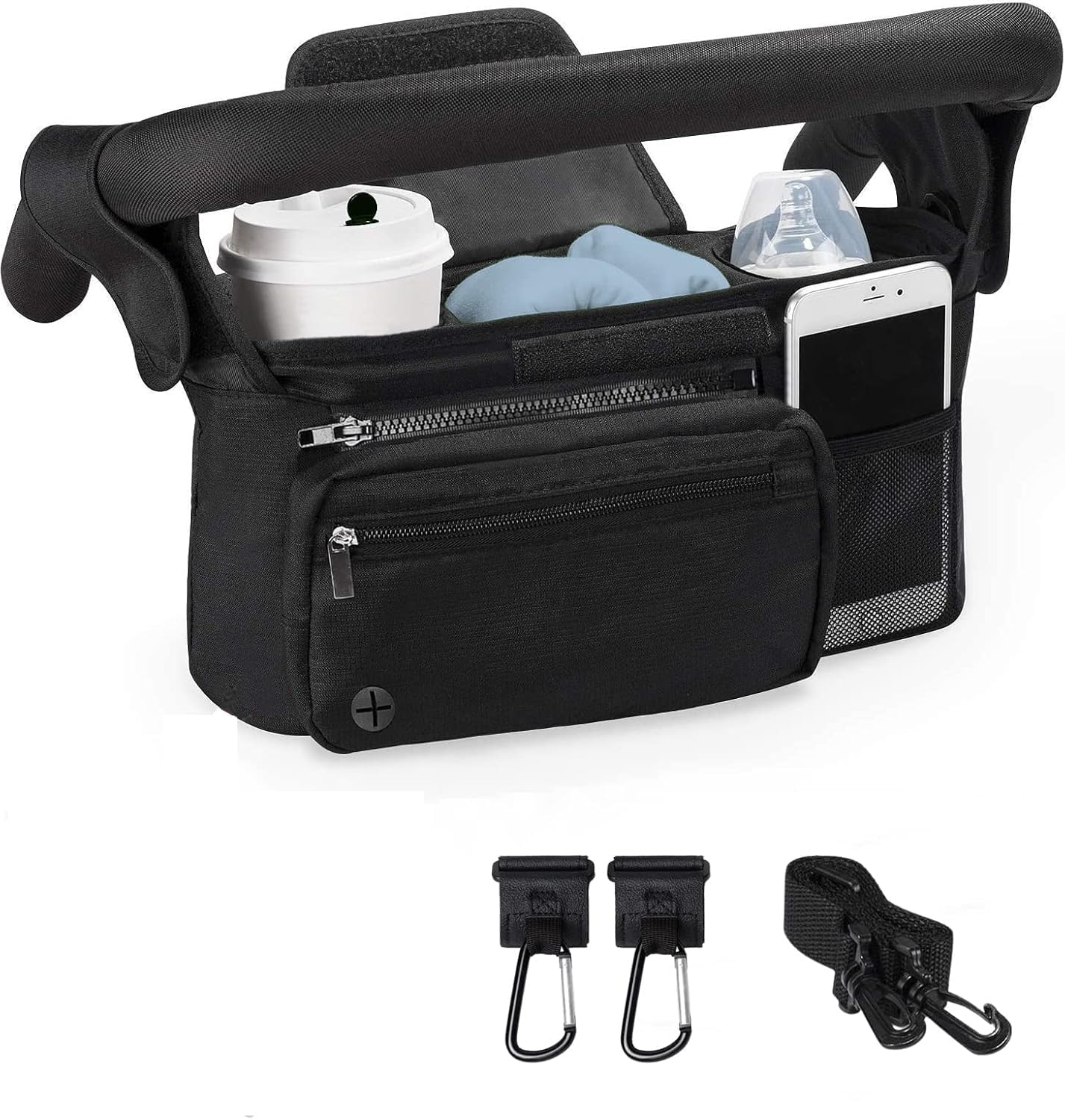 Baby Pram Bag, Baby Pushchair Organizer with Insulated Drink Cup Holder and Phone Storage, Universal Stroller Storage Bag with Adjustable Strap and Detachable Pocket (Black)