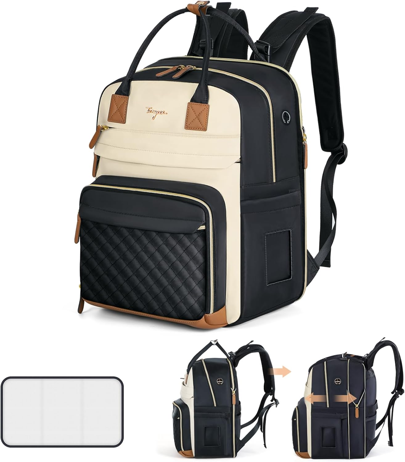 Lekebobor Nappy Bag, Multifunctional Baby Bag Backpack, Expandable 25L-37L Diaper Bag Nappy Changing Bags with Changing Pad and Earphone Hole for Mom, Black image number 6