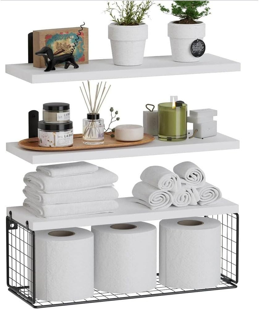 Wall Mounted Bathroom Shelf over Toilet with Storage Basket White Floating Shelves for Bathroom Kitchen Bedroom image number 4