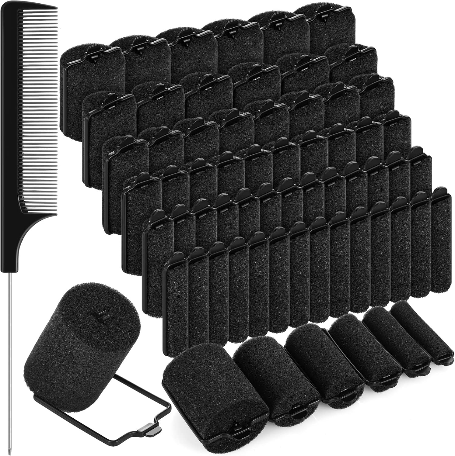 Syhood 56 Pcs Foam Sponge Hair Rollers 6 Sizes Soft Sleeping Curlers Flexible Sponge Curler Tool Rat Tail Comb for Long Short Hair Styling(Black)