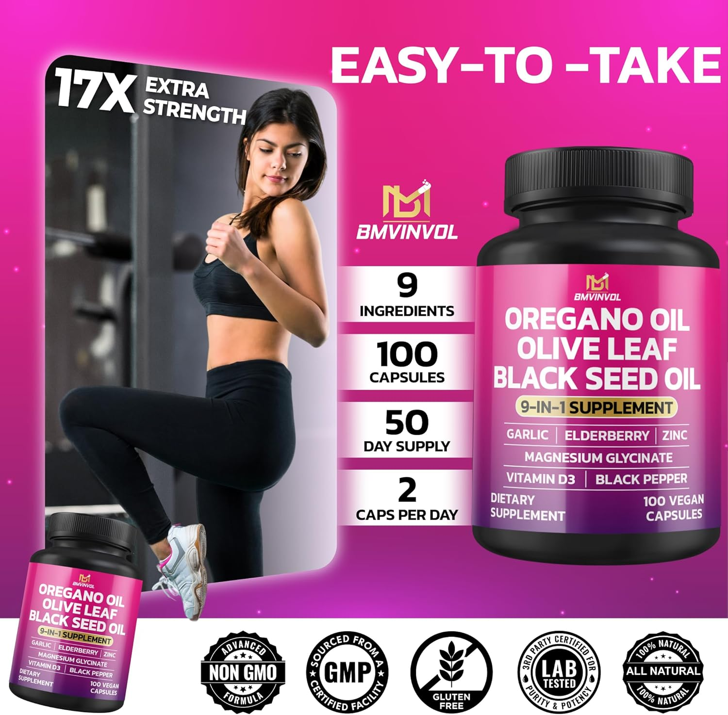 BMVINVOL Oregano 12000Mg Garlic 2000Mg Olive Leaf 500Mg Black Seed 2000Mg + 5 More - Immune Support & Digestive Health Supplement for Women and Men - 100 Capsules image number 4