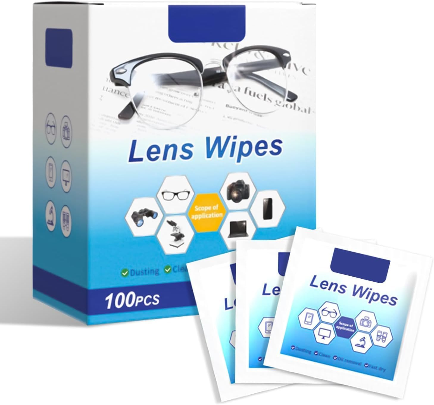 Lens Wipes, 100 Pack Pre- Lens Cleaning Wipes for Eyeglasses, Eyeglass Wipes Moistened Individually Wrapped Sracth-Free Eye Glasses Cleaner Wipes for Camera Lens,Sunglass, Goggles