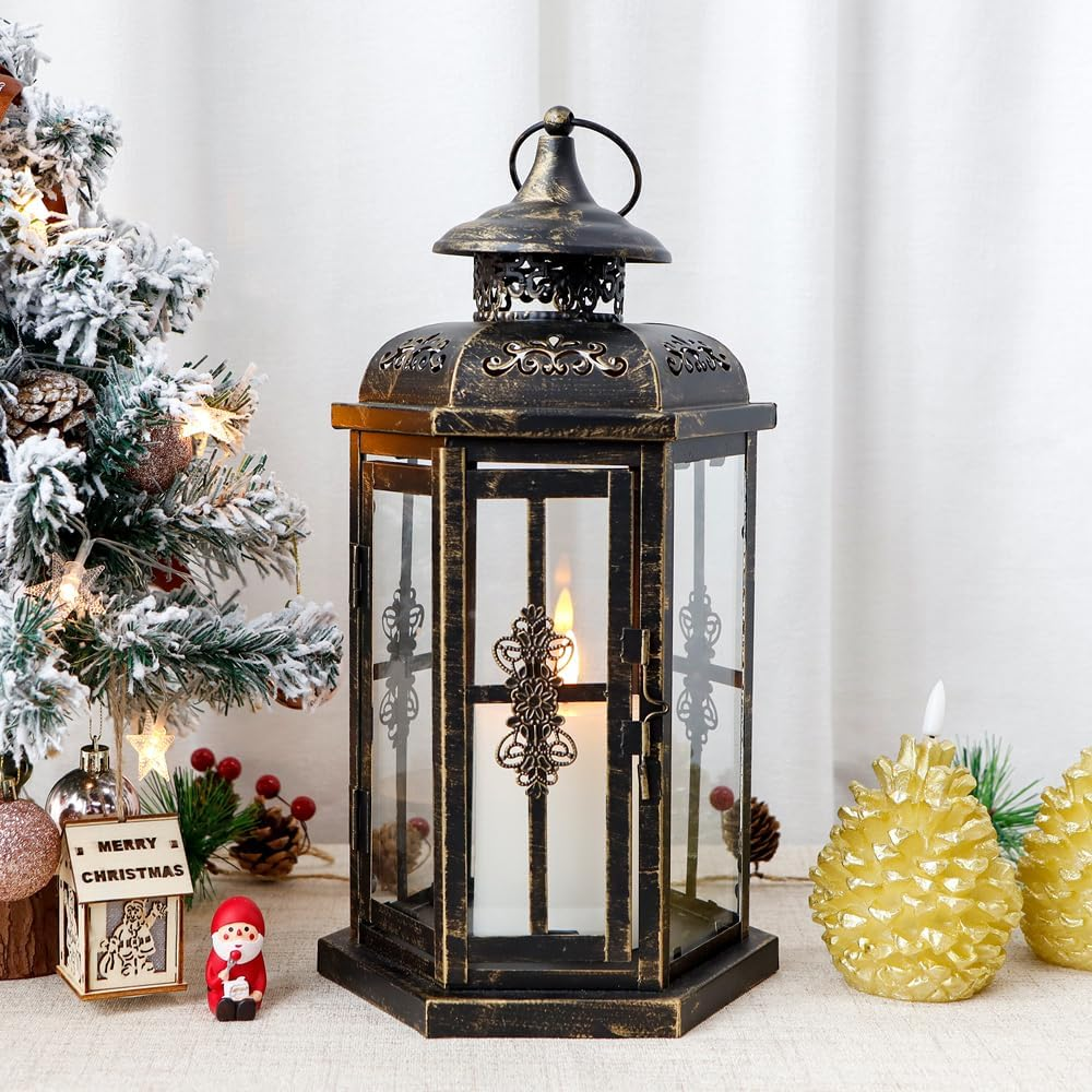 JHY DESIGN Medium Decorative Lanterns 12&ldquo;H Outdoor Candle Lanterns Vintage Metal Candle Holder for Indoor Outdoor, Events, Parities and Weddings(Black with Gold Brush) image number 4