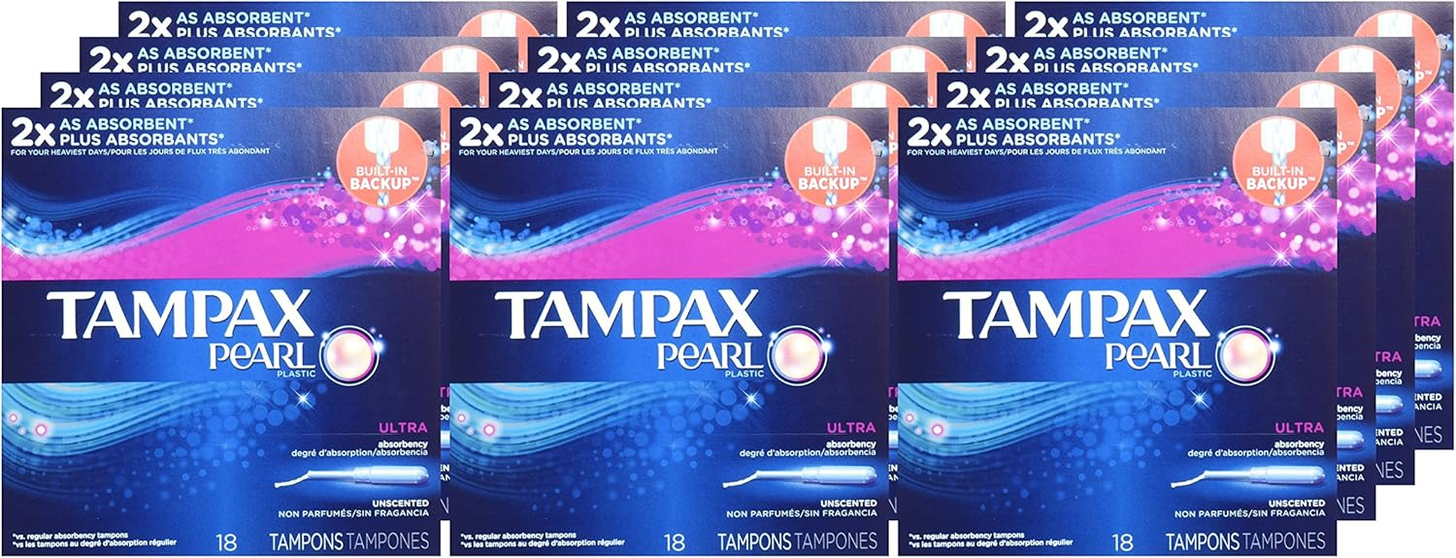 Tampax Pearl Plastic Unscented Tampons, Ultra Absorbency, 18-Count (Pack of 12) image number 4