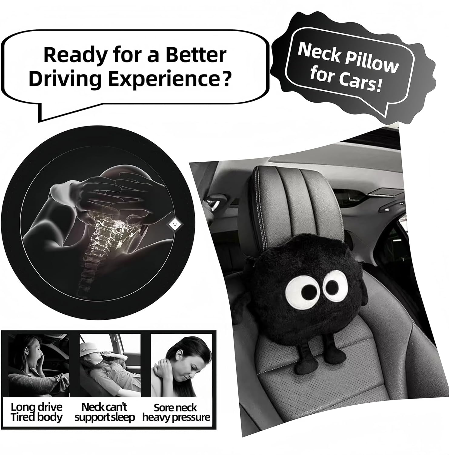 Car Headrest Pillow 2PCS Cute Big-Eyed Sprite Car Headrest Pillows Travel Neck Pillow Comfortable Neck Support - Plush Comfort Neck Cushions for Cars, Home & Office image number 6