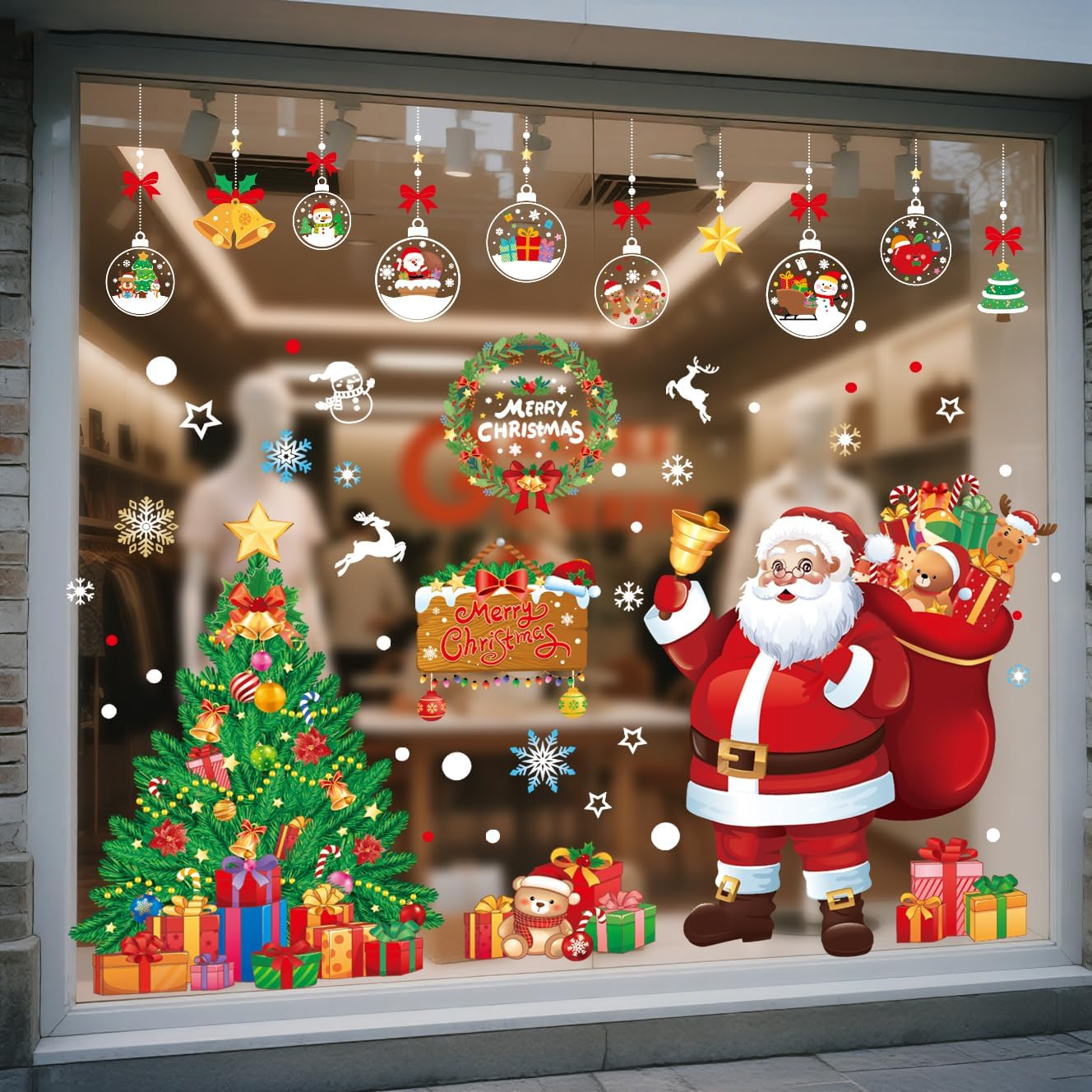 Christmas Decorations Window Clings Large Santa Claus Xmas Tree Snowflake Double Side Decals Ornament Display Window Wall Door Decor Reusable DIY Static Stickers image number 4