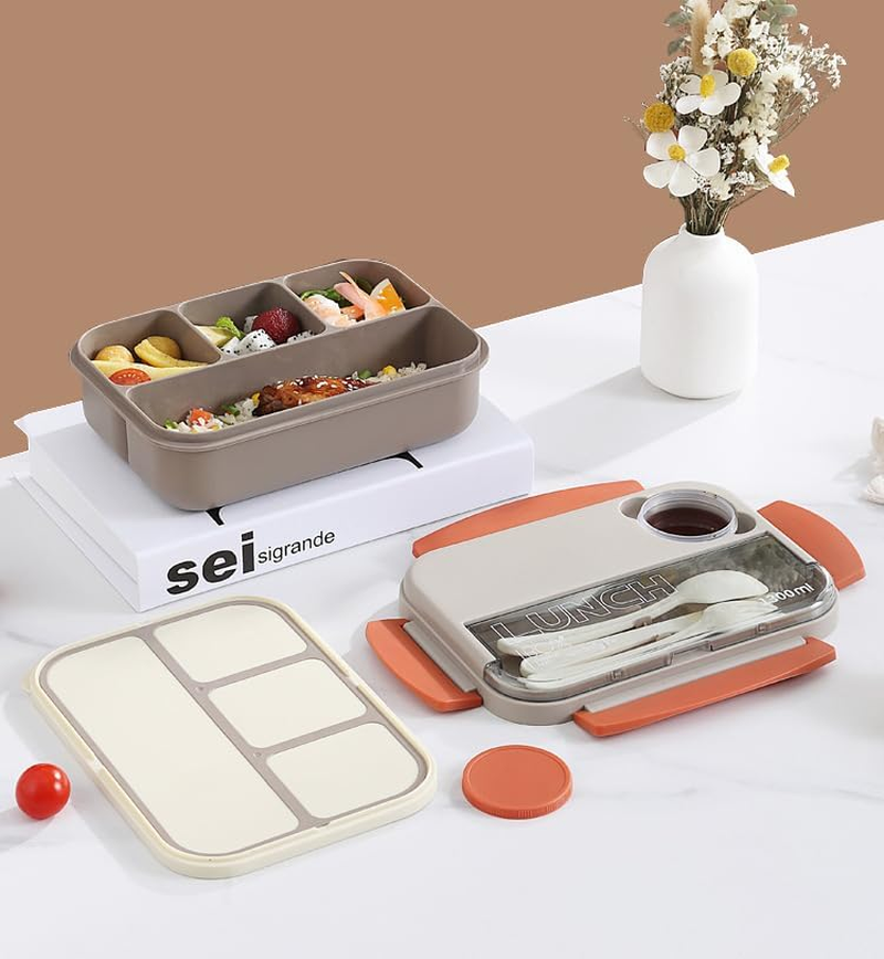 Jiaozoum Bento Box Lunch Box, 4 Compartments Containers for Kids Men Women, Reusable Food Storage with Utensils for Work, School, Camping and Travel (Brown)