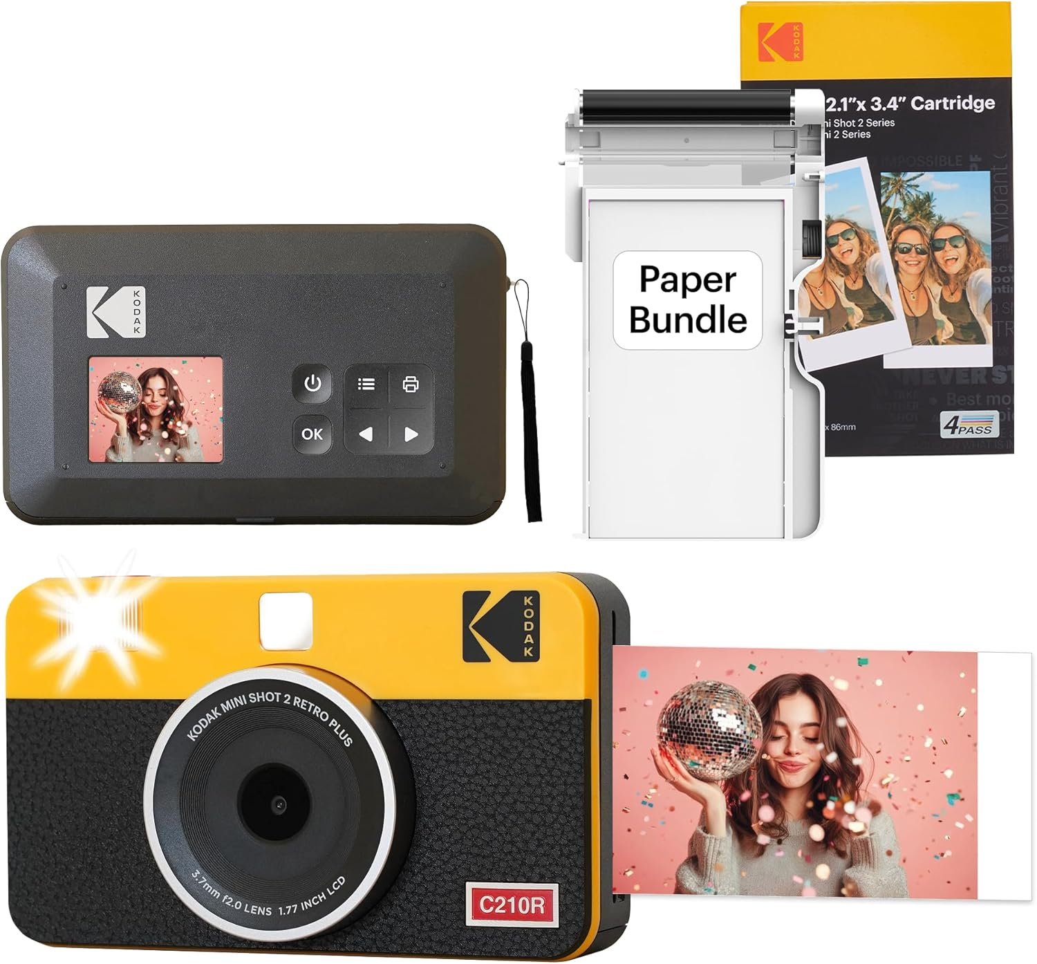 Kodak Mini Shot 2 Retro Instant Camera with Cartridge plus Accessories Bundle, Yellow