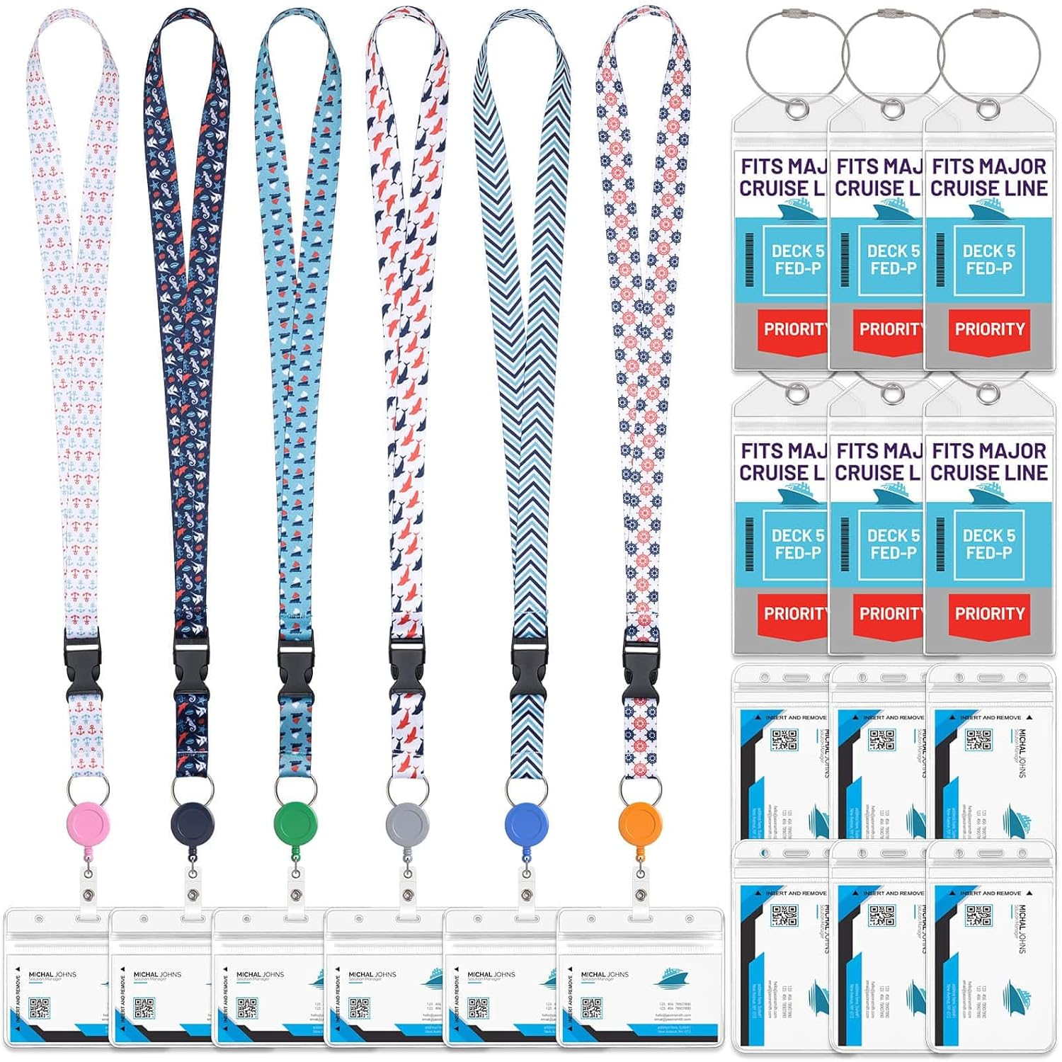 6 Pack Lanyards with Ship Card Holders, Retractable Badge Reels with Waterproof Luggage Tags ID Holders for Cruise Essentials Accessories Key Cards