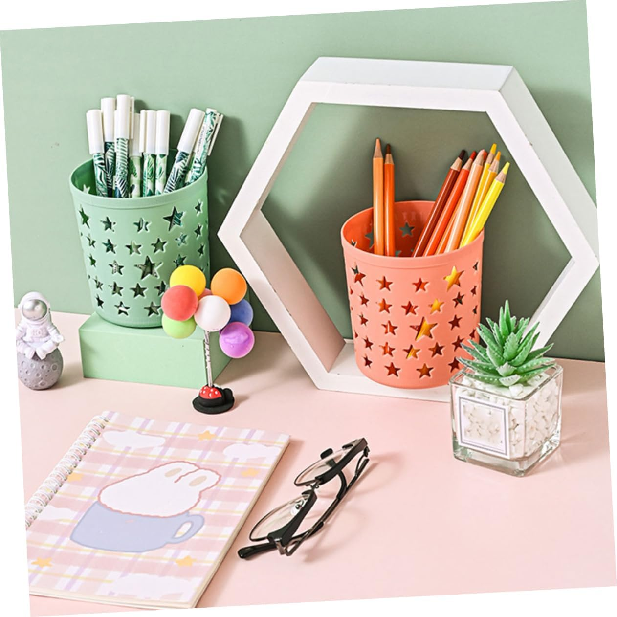 SOPOTUTU 8Pcs Cute Pencil Storage Holder and Pen Organizer Set, round Plastic Desk Containers Star Cutout Design, Multi-Color Desktop Storage for Home, Office, and Classroom Supplies image number 2