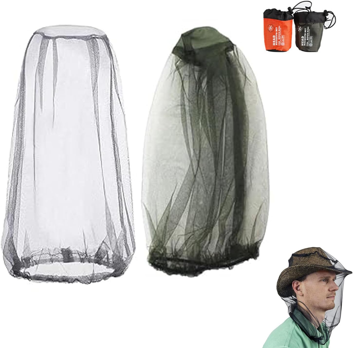 2 PCS Mosquito Head Net Mesh with Drawstring,Mosquito Net Hat Bug Net Face Neck Cover, Outdoor Hiking Camping Climbing Mosquito Fly Insects Bugs Preventing,Universal Size (Green & Black) image number 4