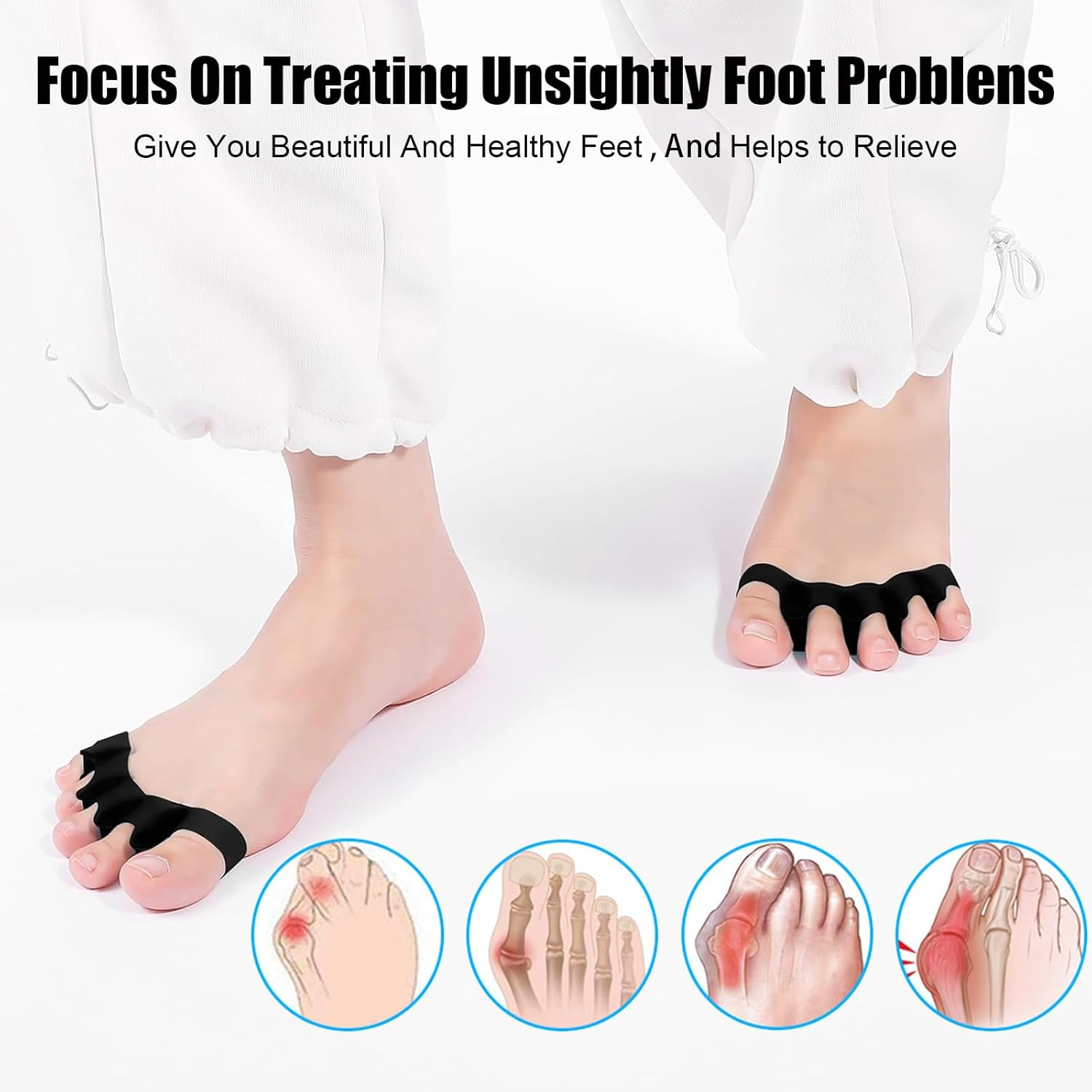 Vonzuda 2 Pairs Toe Separators for Women and Men，Soft Gel Toe Spacers to Correct Bunion, Relieve Feet Pain, Foot Alignment, Toe Straighteners for Hammer & Claw Toes, Plantar Fasciitis (Black+White)