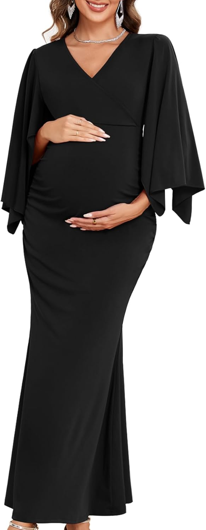 Maxi Maternity Dress with Flower Sash Semi Formal Baby Shower Wedding Guest V-Neck Handkerchief Sleeves Elegant