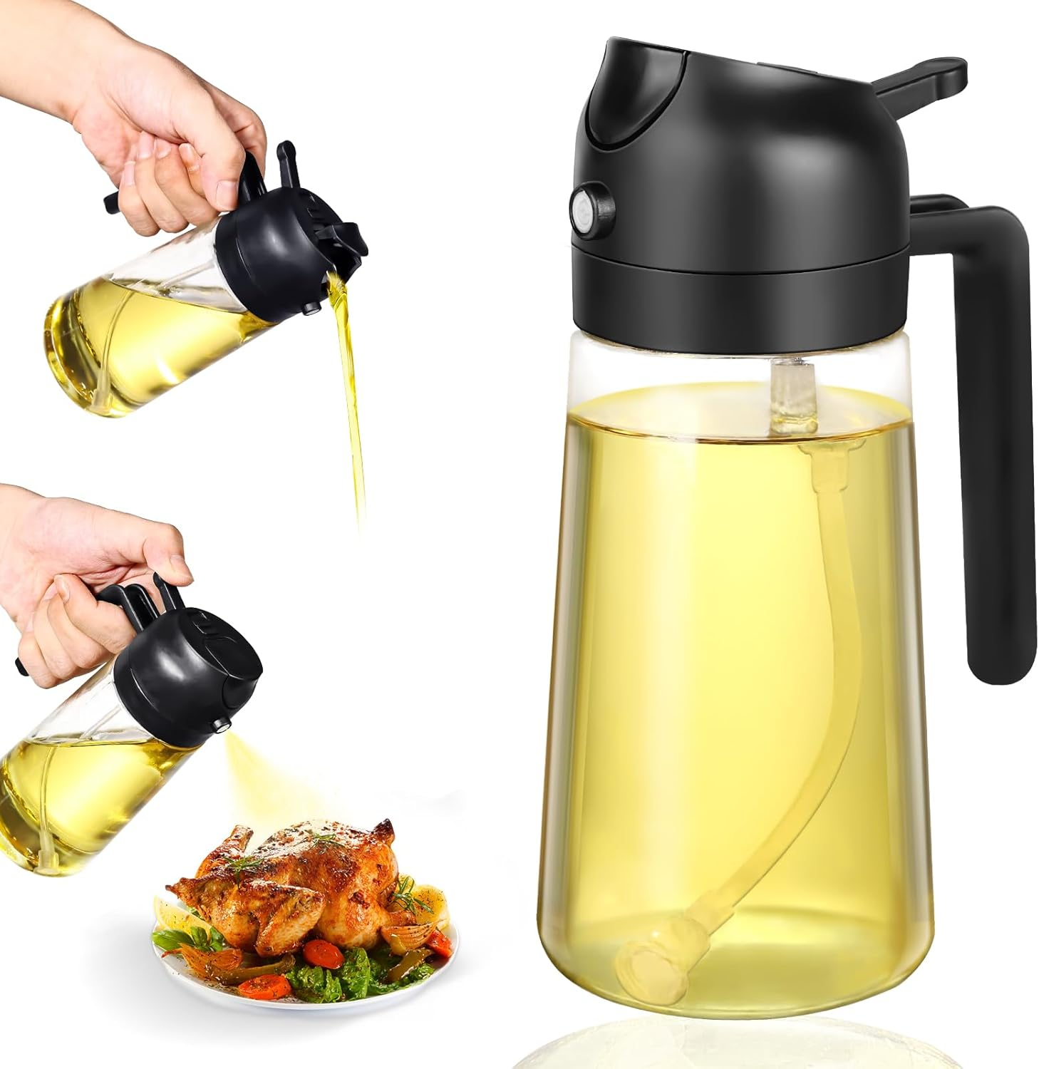 Lychico Oil Dispenser Bottle 470Ml/16Oz, 2 in 1 Oil Dispenser and Oil Sprayer, Food Grade Spray Bottle for Kitchen Cooking, Oil Dispenser for BBQ, Salad, Baking Steak, Air Fryer, Black