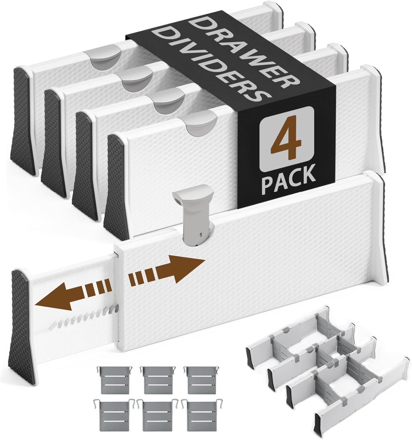 FORYUSE 4 Pack Drawer Dividers Expandable 27-44Cm with 6 Inserts Set Adjustable Separators Organiser for Closet Clothes Kitchen Utensils Office image number 1