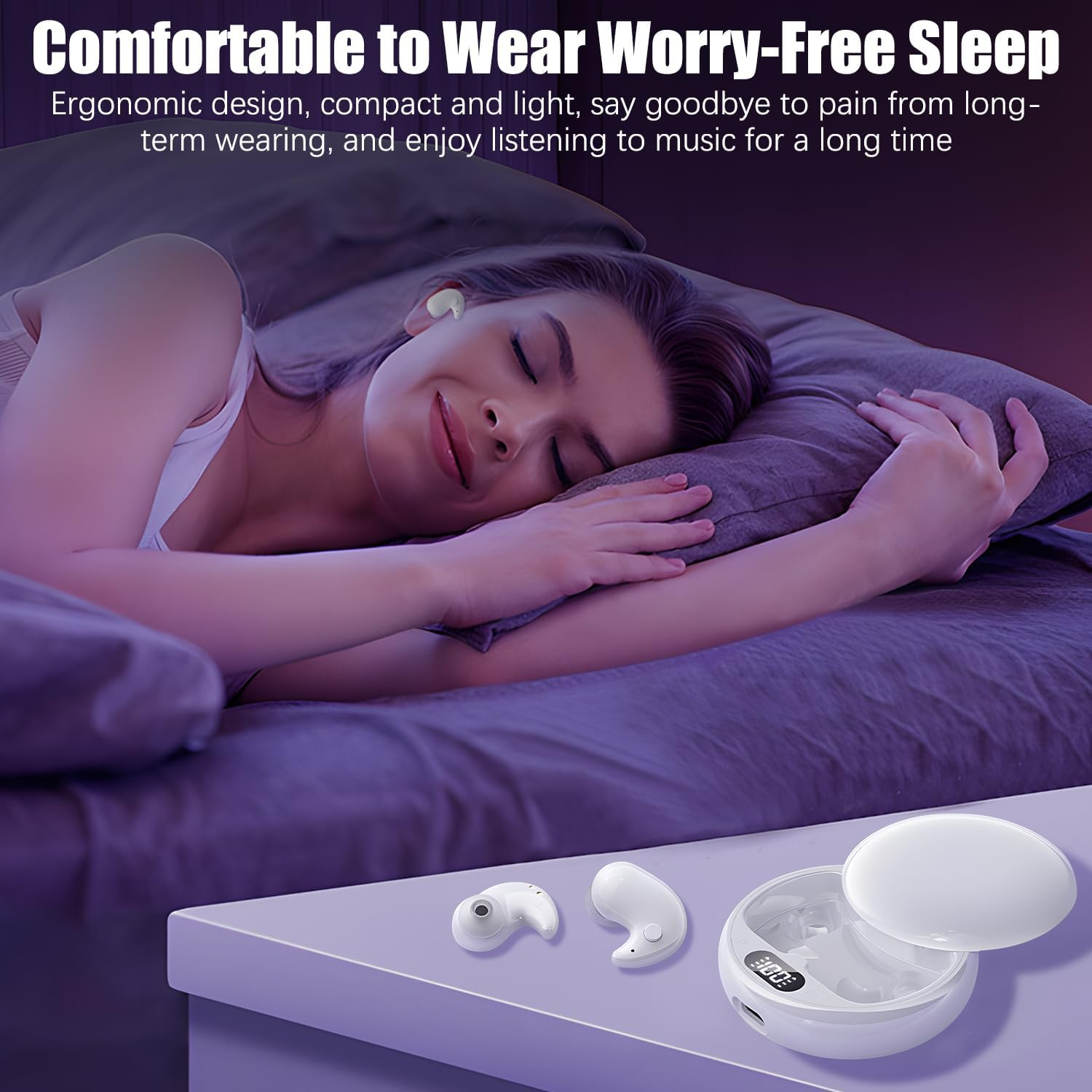 Vision Beam Ear Buds, Invisible Sleep Wireless Earphone, Comfortable Fit LED Power Display for Sleeping, Working, Hiking (White) - White image number 3