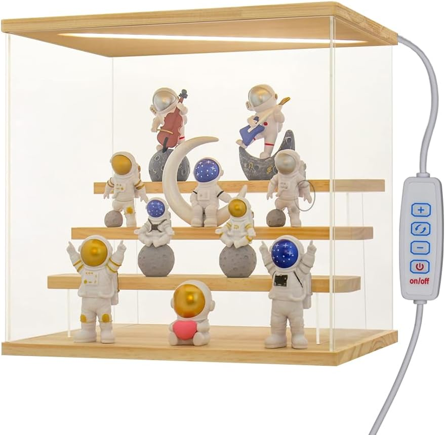 Clear Acrylic Display Case with 3-Color Light,4 Level Stand Display Box with Wooden Base Countertop Dustproof Showcase for Display Collectible Pop Figures and Toys,Toys Not (4 Tier Black)