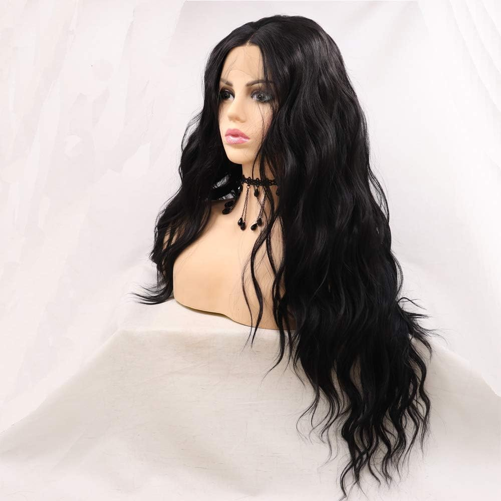 Xiweiya Long Black Wavy Wig Curly Synthetic Lace Front Wigs Middle Part Wig Long Soft Wavy Wig Hair Replacement Wig for Women, Drag Queen Makeup 24 Inch
