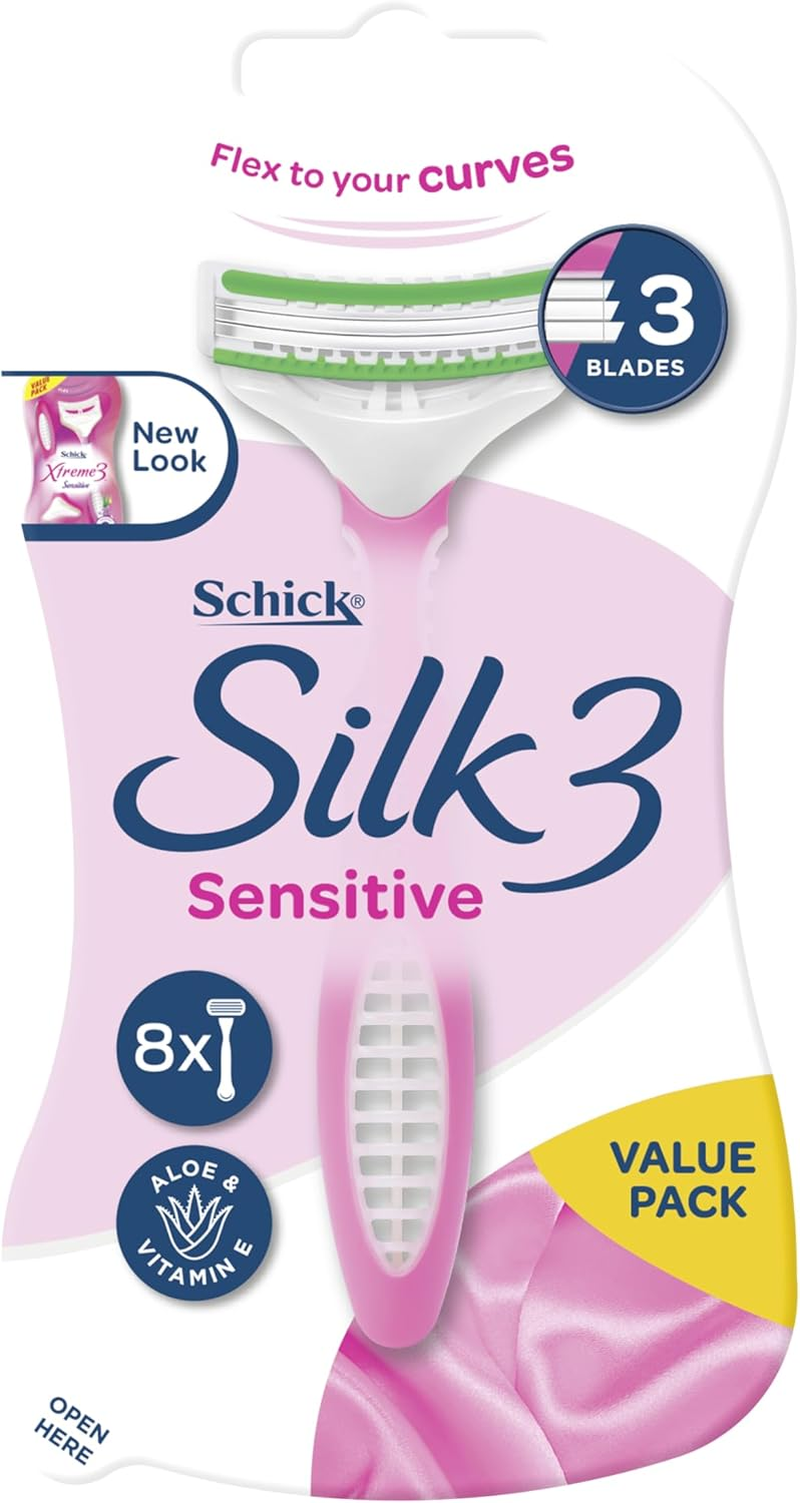 Schick - Silk 3 for Women Disposable Razors 8Pk | 8 Pack | Sensitive | 3 Blade Razor | Aloe Vera | Vitamin E | Flex to Your Curves image number 1