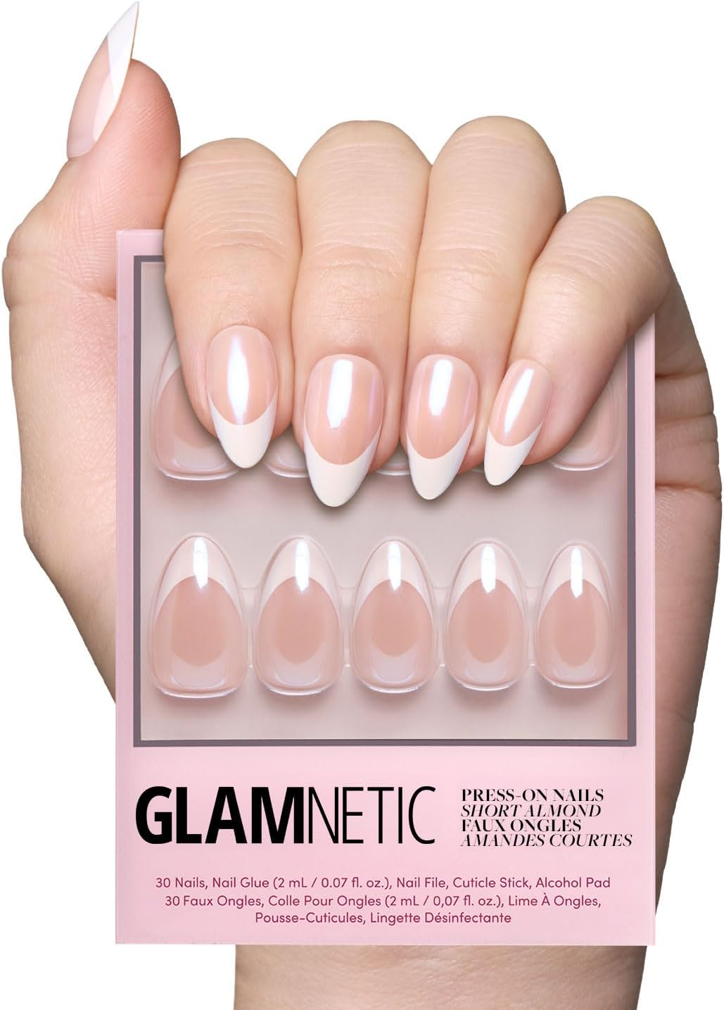 Glamnetic Press on Nails - All Time Love, Short Nails with French Tips and Leaf Details, Reusable Adhesive False Nails, Love in Bloom Spring Nails, 15 Sizes - Kit of 3