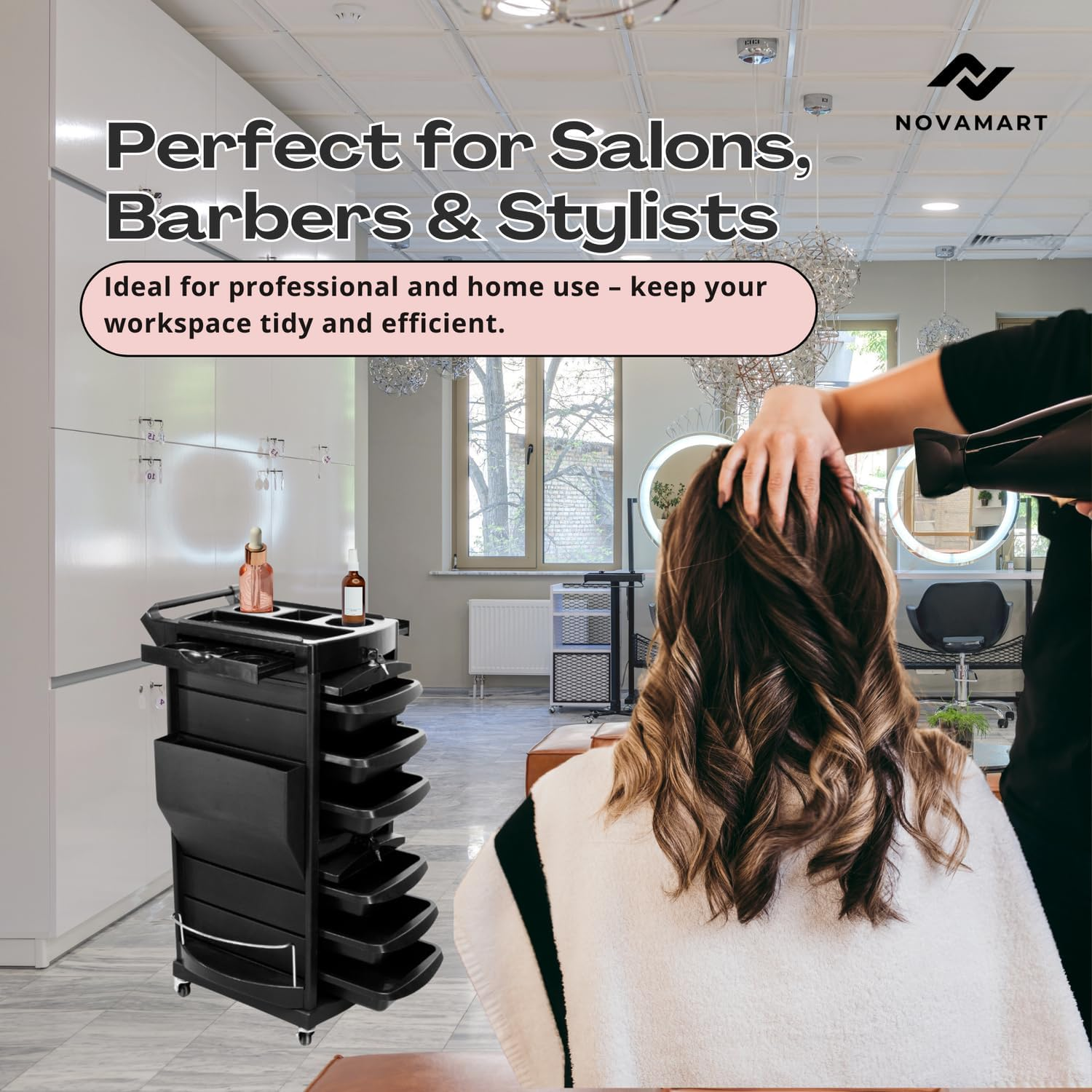 NOVAMART Hairdressing Trolley with 6 Lockable Trays & 2 Tray Holders &ndash; Salon Rolling Cart with Ample Storage, Easy Assembly & Multi-Compartment Design for Barber, Spa & Beauty Accessories image number 4