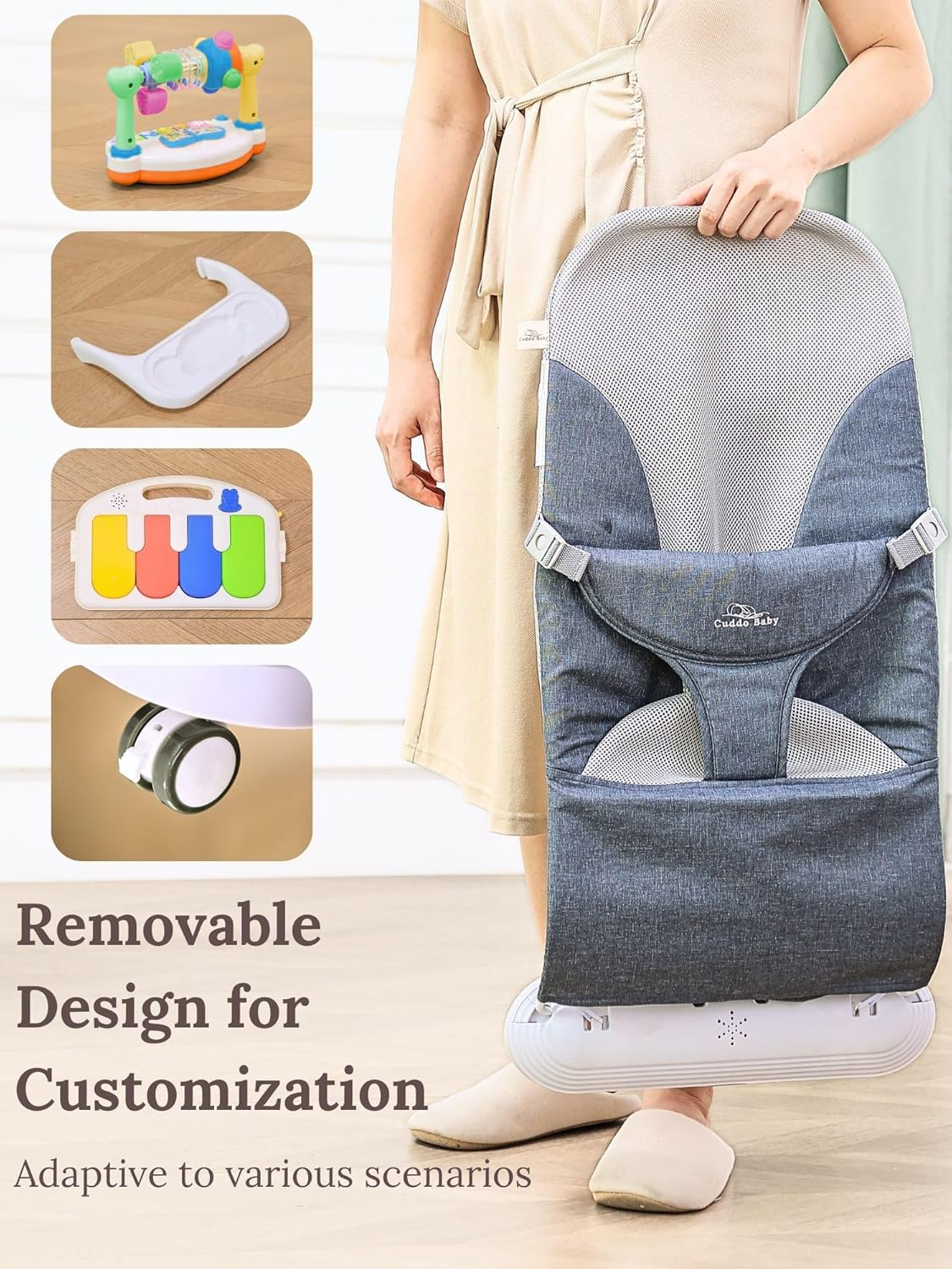 Cuddobaby Baby Bouncer 4-In-1 on Wheels, Detachable Pianos, Feeding Tray, 3-Level Recline Foldable Seat with Play Bar for Infant to Toddler 0-6, 0-12, 12-24 Months, Boy Gift Idea - Blue image number 5