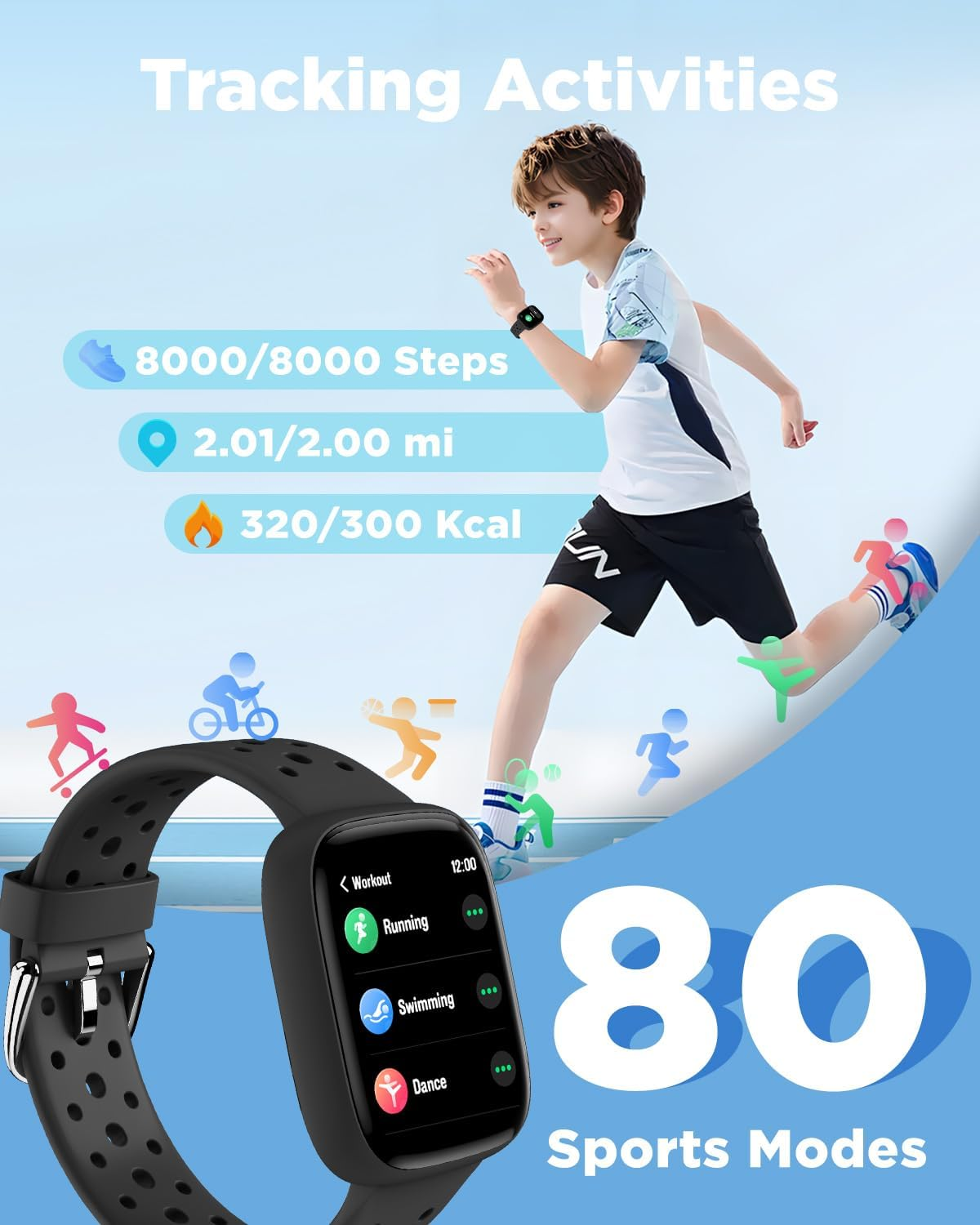 BIGGERFIVE Smart Watch for Kids No APP No Phone Needed, 1.8" Fitness Tracker Watch Pedometer, Sleep Monitor, IP68 Waterproof, Step Counter, Puzzle Games for Girls Boys Teens 5-16, Black - Black image number 5