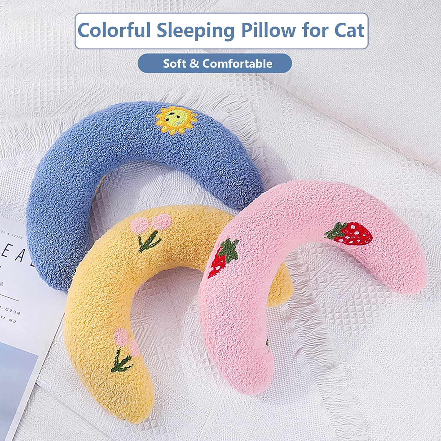 Cooshou 3 Pack Little Cat Pillow for Indoor Cats Puppy Kitten Pillow Bed Curl up Half Donut Pet Sleeping Improve Pillow for Female Girl Cats Male Boy Cats