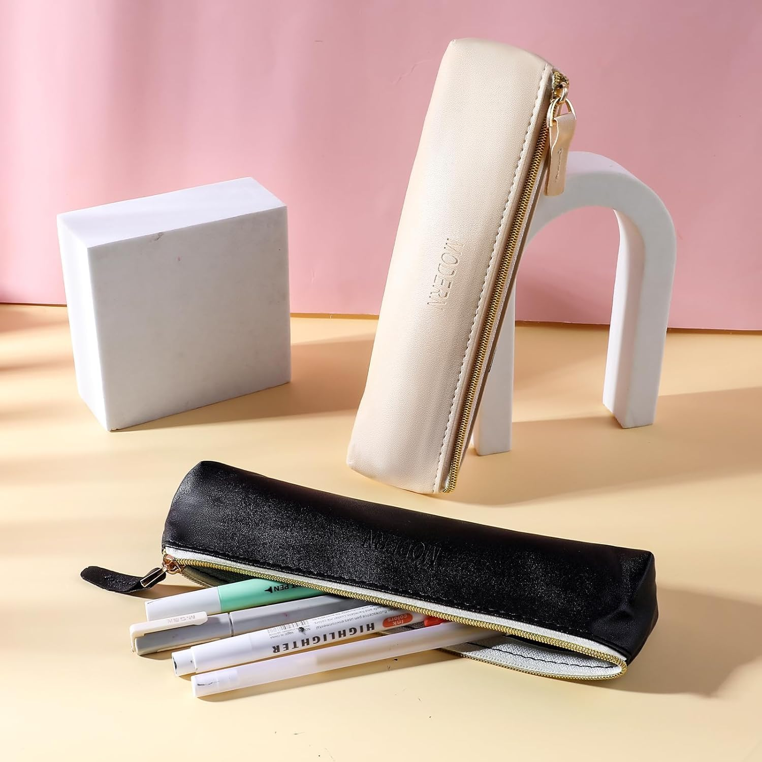 2-Piece Mini Cosmetic Bag for Purse Small Leather Pouch Small Make up Bag with Zipper, Small Leather Pouch for Makeup Storage for Women and Girls in Black and Beige Colors image number 2