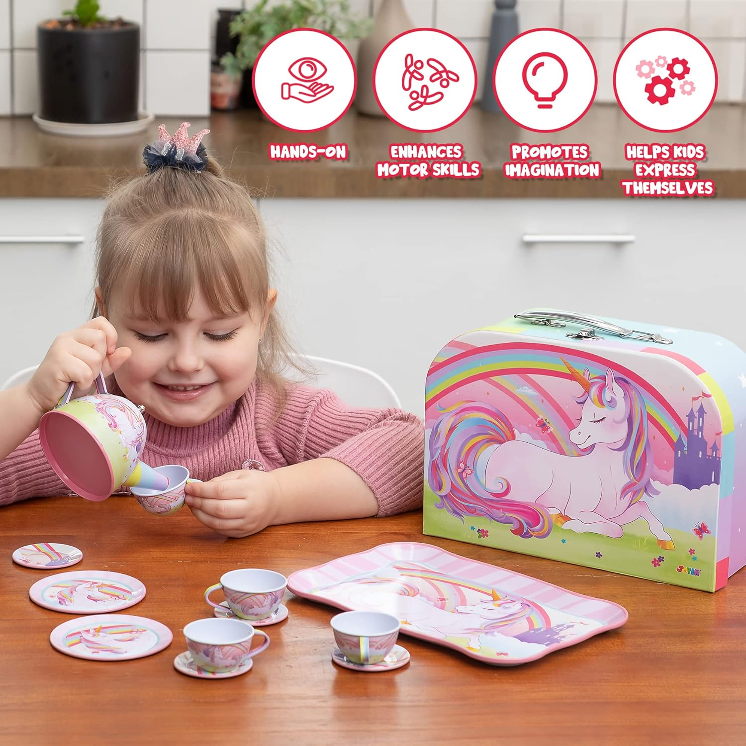 JOYIN Unicorn Castle Pretend Tin Teapot Set for Tea Party and Kids Kitchen Pretend Play image number 4