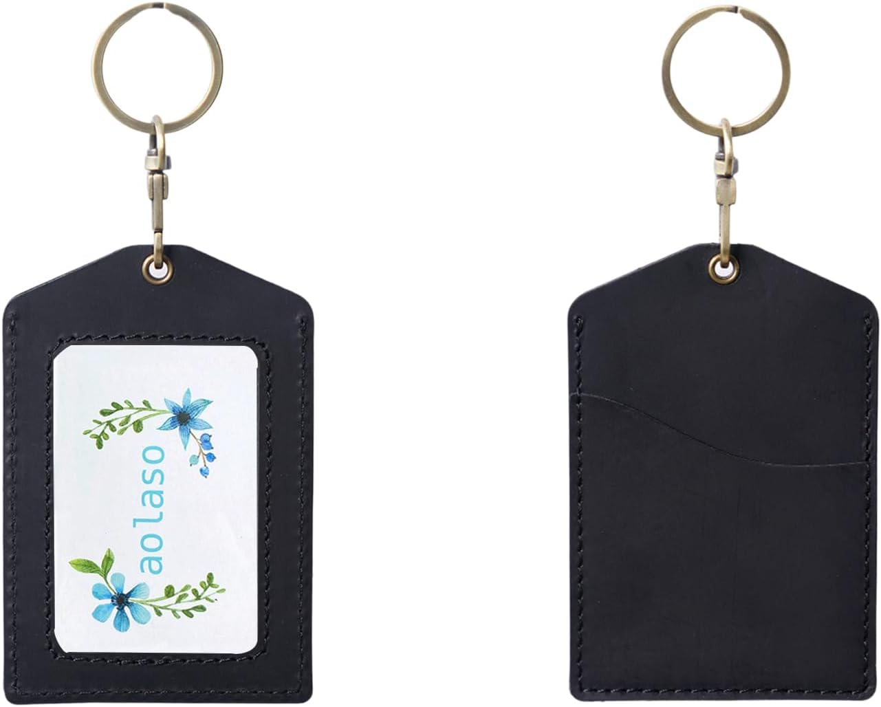 Badge Holder Vertical Handmade Leather ID Card Badge Holder Keychain with Heavy Duty Lanyard for Men Women-Black