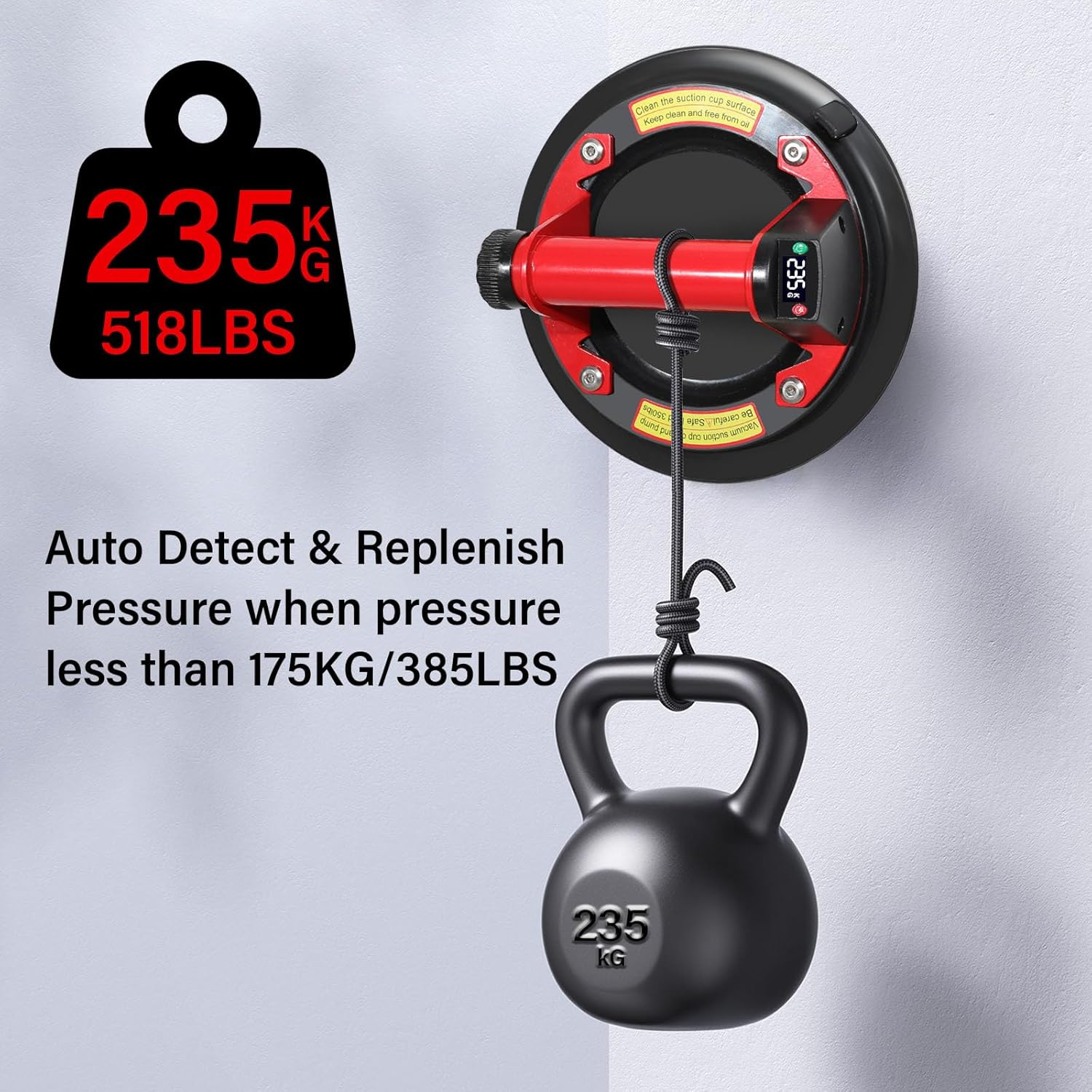 Electric Glass Suction Cup Lifter with Digital Display, 8IN Metal Handle Tile Suction Cup with Automatic Air Pumping Function, Suction Cup Handle for Glass/Granite/Tile/Metal Plate/Windshield, 1 Pack image number 3