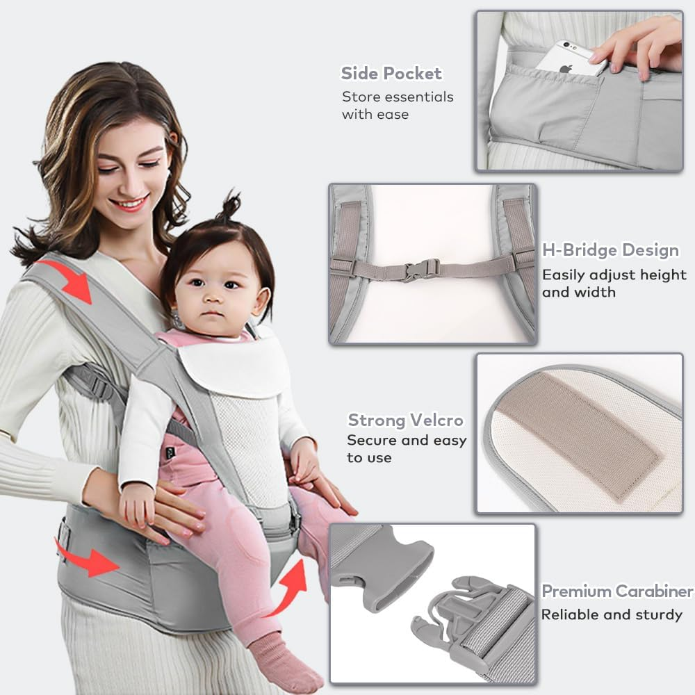 Beideli Baby Carrier with 2 Bibs, 6 in 1 Baby Hip Carrier, Multi-Functional Baby Wrap Carrier for Newborns & Toddlers,Ergonomic Waist Stool, for 0-36 Months Baby(Grey) image number 6