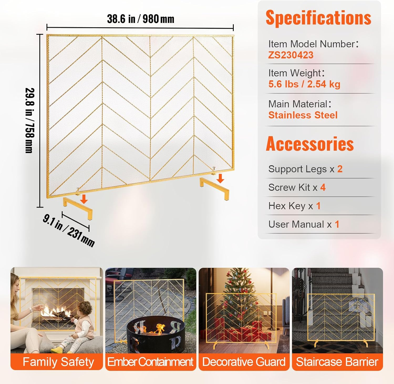 VEVOR Fireplace Screen Single Panel, Sturdy Iron Mesh Fireplace Screen, 980(L) X758(H) MM Spark Guard Cover, Simple Installation, Free Standing Fire Fence Grate for Living Room Home Decor Modern image number 4