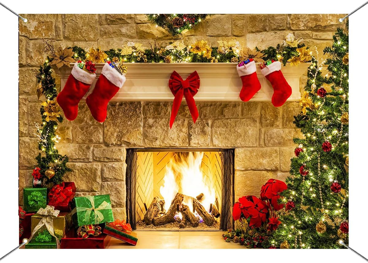 Mocsicka Christmas Themed Background Christmas Fireplace Backdrop Christmas Tree Gift Box Red Boots Adorn Background 8X6Ft Vinyl Backdrop Childrens Party Photography Background image number 1