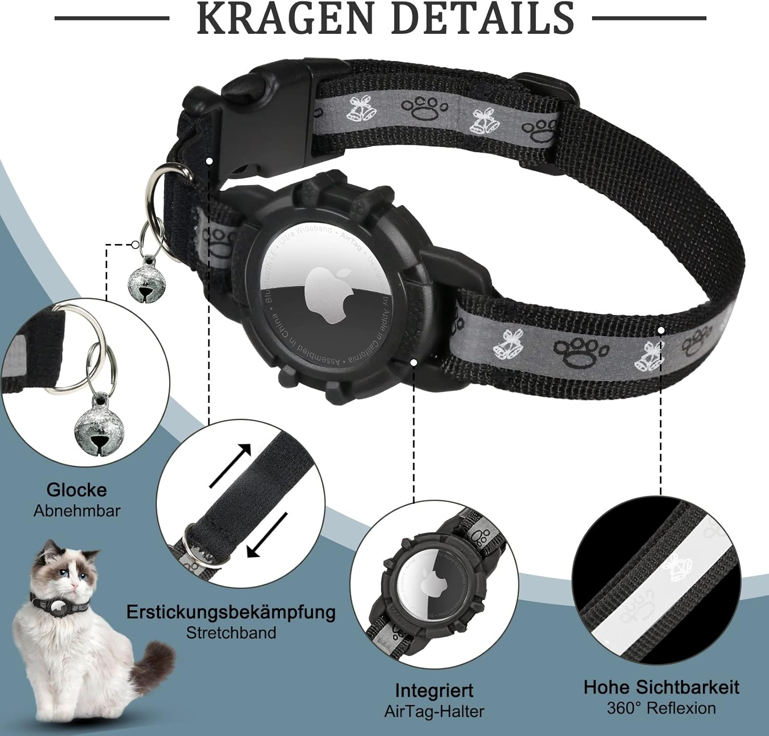 Jiarui Airtag Cat Collar, Reflective Air Tag Cat Collar, GPS Cat Collar with Adjustable and Bell, Integrated Apple Air Tag Cat Collar, Suitable for Cats Puppies [Black] [S] image number 4