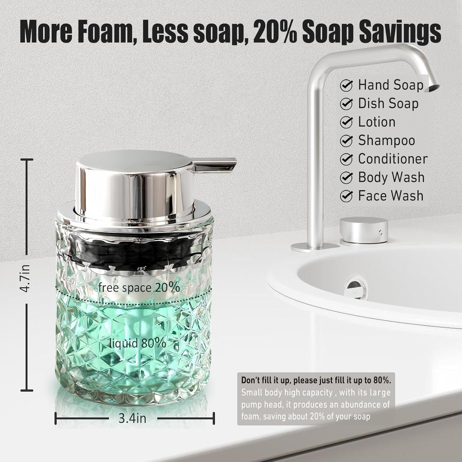 Elegant Diamond Glass Foaming Soap Dispenser,One-Touch Lather, Effortless Clean,Bathroom & Kitchen Refillable Clear Glass Liquid Soap Dispenser