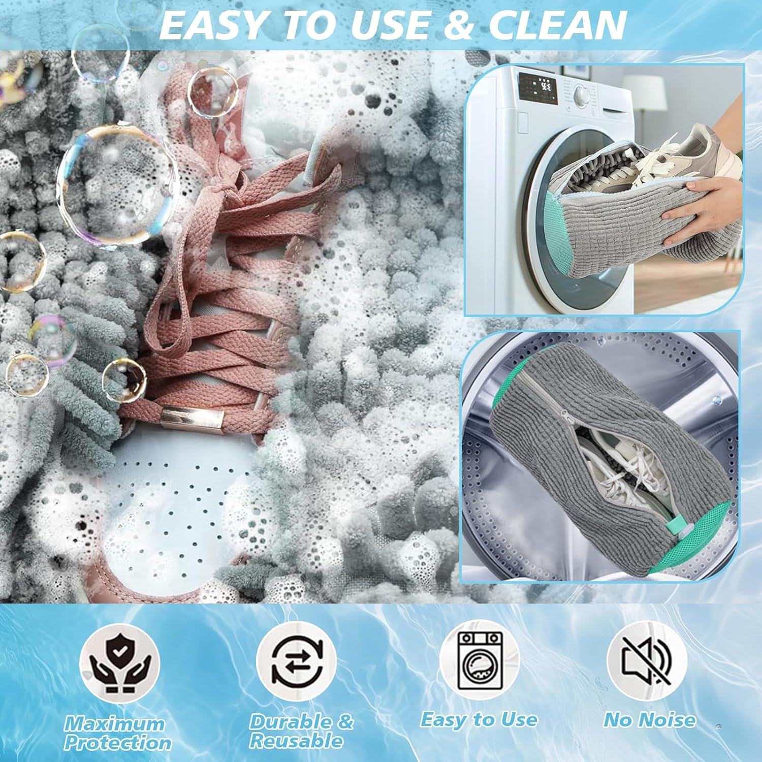 2 Pcs Shoe Washing Bag for Washing Machine, Reusable & Durable Laundry Mesh Bags for Washer & Dryer, Plush Protection for Sneakers, Trainers, Tennis Shoes, Gentle Wash & Dry Delicates (Grey) image number 2