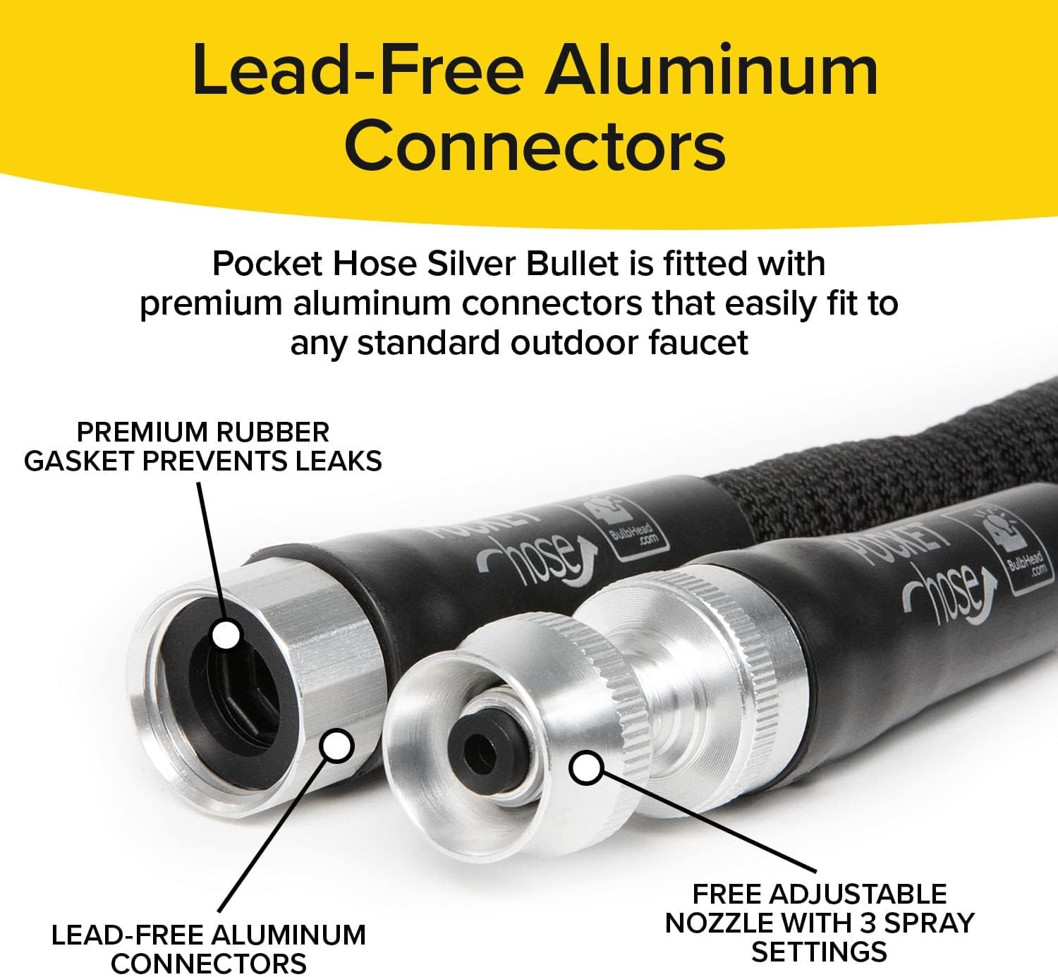Bulbhead Pocket Hose Original Silver Bullet (75 Ft) Lightweight Water Hose by - Expandable Garden Hose That Grows with Lead-Free Connectors - Safe Drinking Water Hose &ndash; Kink-Resistant, Black image number 2