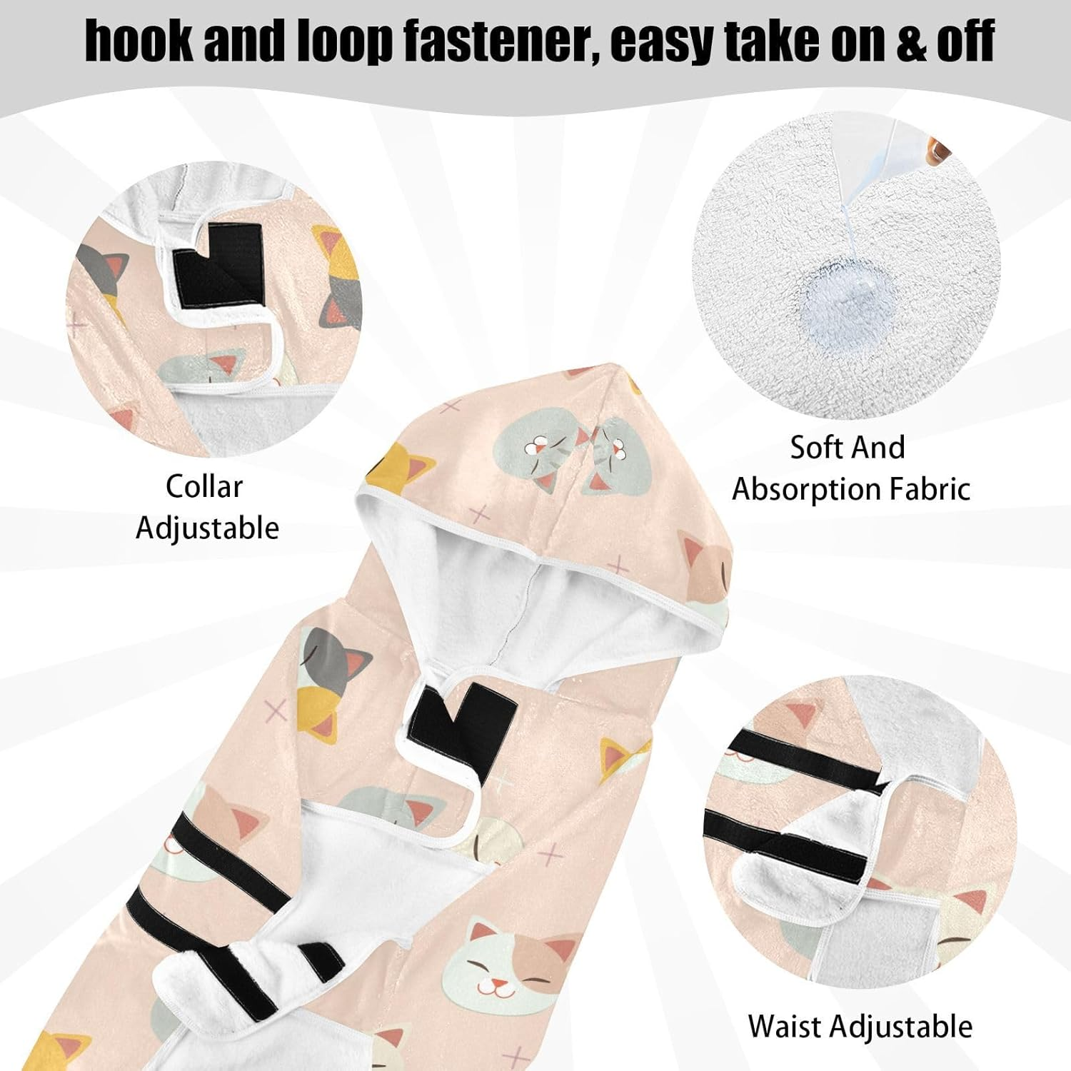 AIXIWAWA Cute Cat Head Pet Bathrobe Towels with Adjustable Collar & Waist, Quick Absorbent Drying Coat for Cats and Dogs image number 3