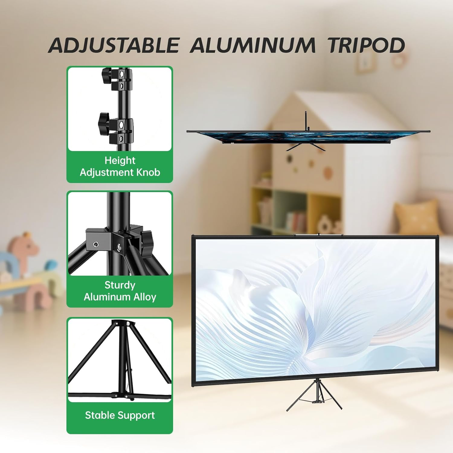 Tripod Projector Screen with Stand 80 Inch 16:9 4K HD Projection Screen Stand Wrinkle-Free Height Adjustable Portable Screen for Projector Indoor & Outdoor for Movie,Home Cinema,Gaming,Office image number 5