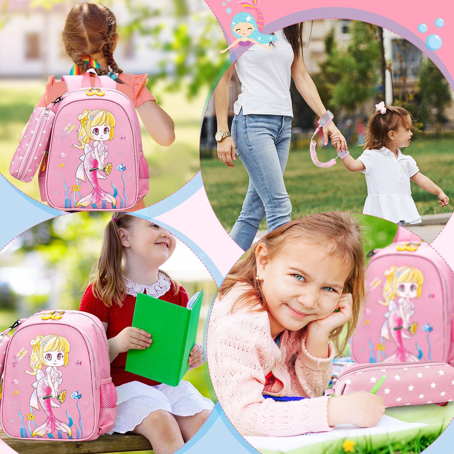 WOTOW Backpack for Kindergarten Kids, Girls Bag Large Capacity, Pencil Box, anti Lost Wrist Link for Toddler, Mermaid Preschool Girl Bag
