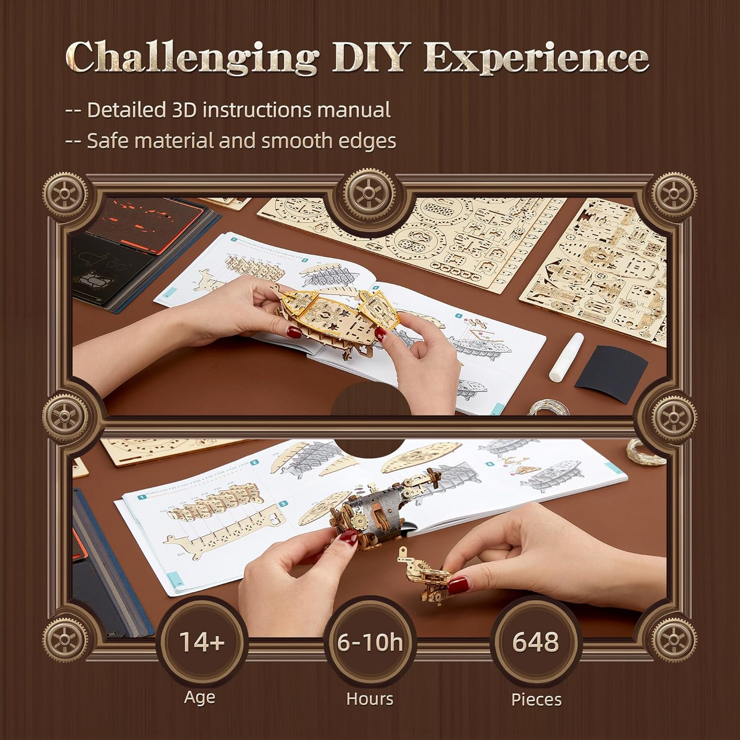 LED 3D Wood Puzzle Fantasy Airship Model - Steampunk DIY Craft Kit with LED Lights &ndash; Intricate Wooden Airship Model Building Set for Teens and Adults (Gray) image number 5