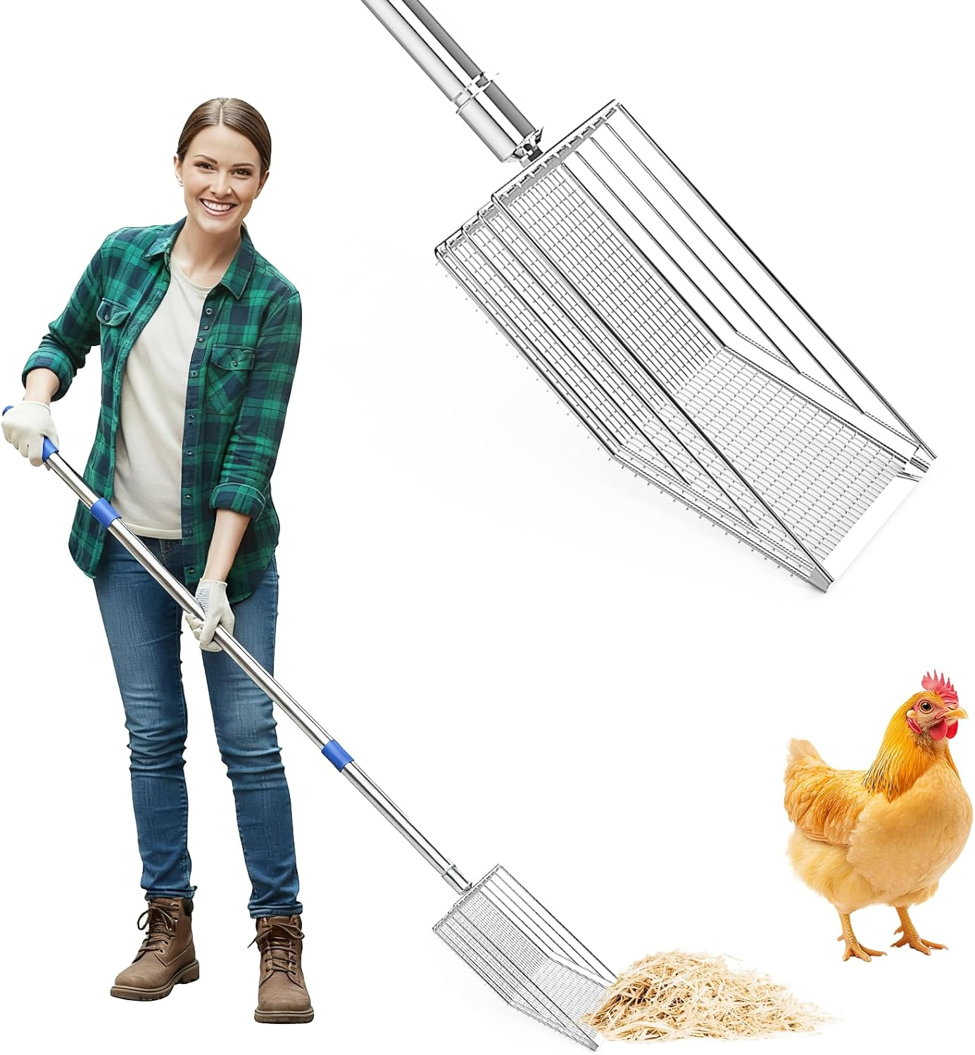 Stainless Steel Chicken Poop Scooper with 4-In-1 Adjustable Handle (20" to 49") &ndash; 304 Stainless Steel Shovel Head for Chicken Coop Cleaning, Pet Waste Removal, and Multifunctional Litter Sifting